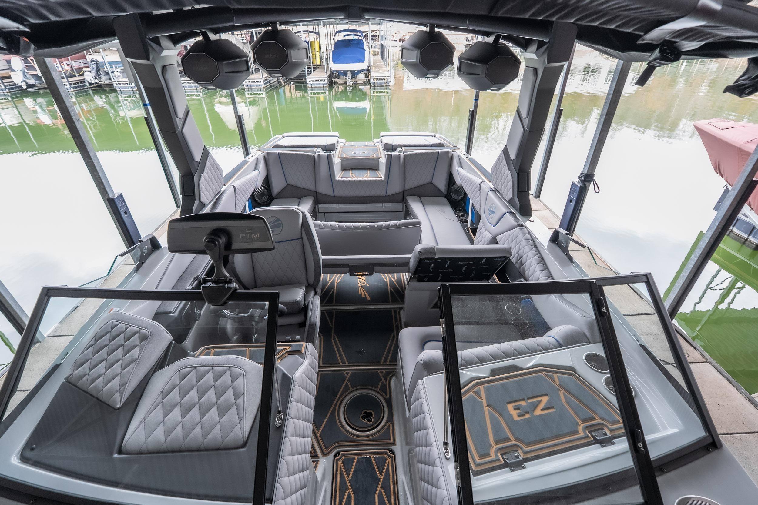 Luxurious interior of 2026 Tigé Z3 boat with modern seating and sleek design.