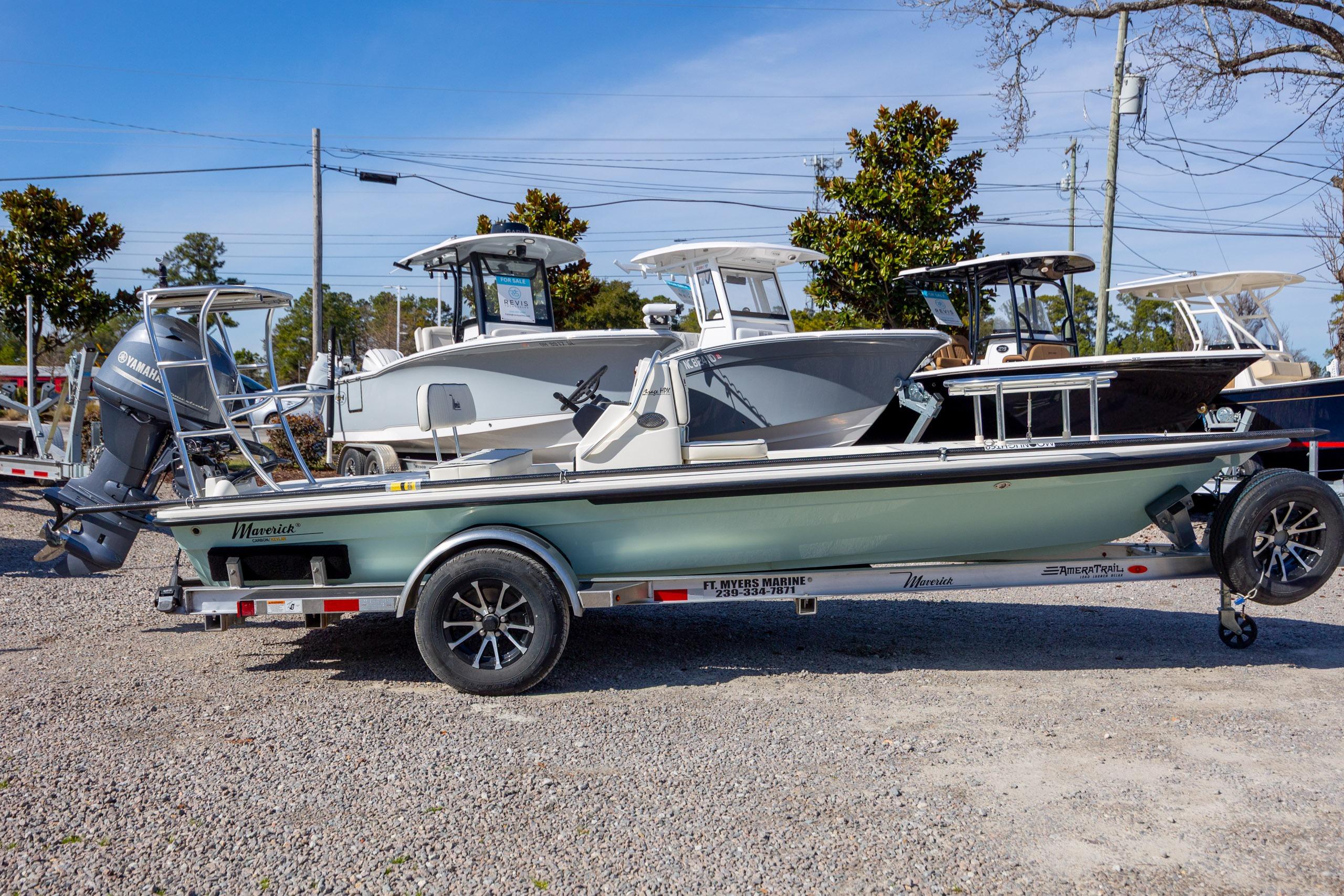 2024 Maverick 17 HPX-S boat on trailer, displayed outdoors at a dealership.