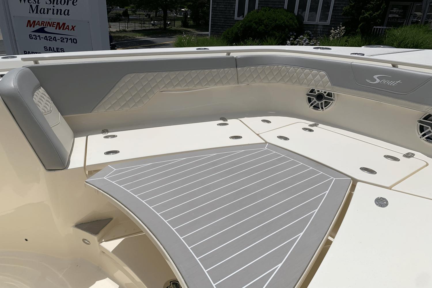 2024 Scout 357LXF boat interior with cushioned seating and stylish design.