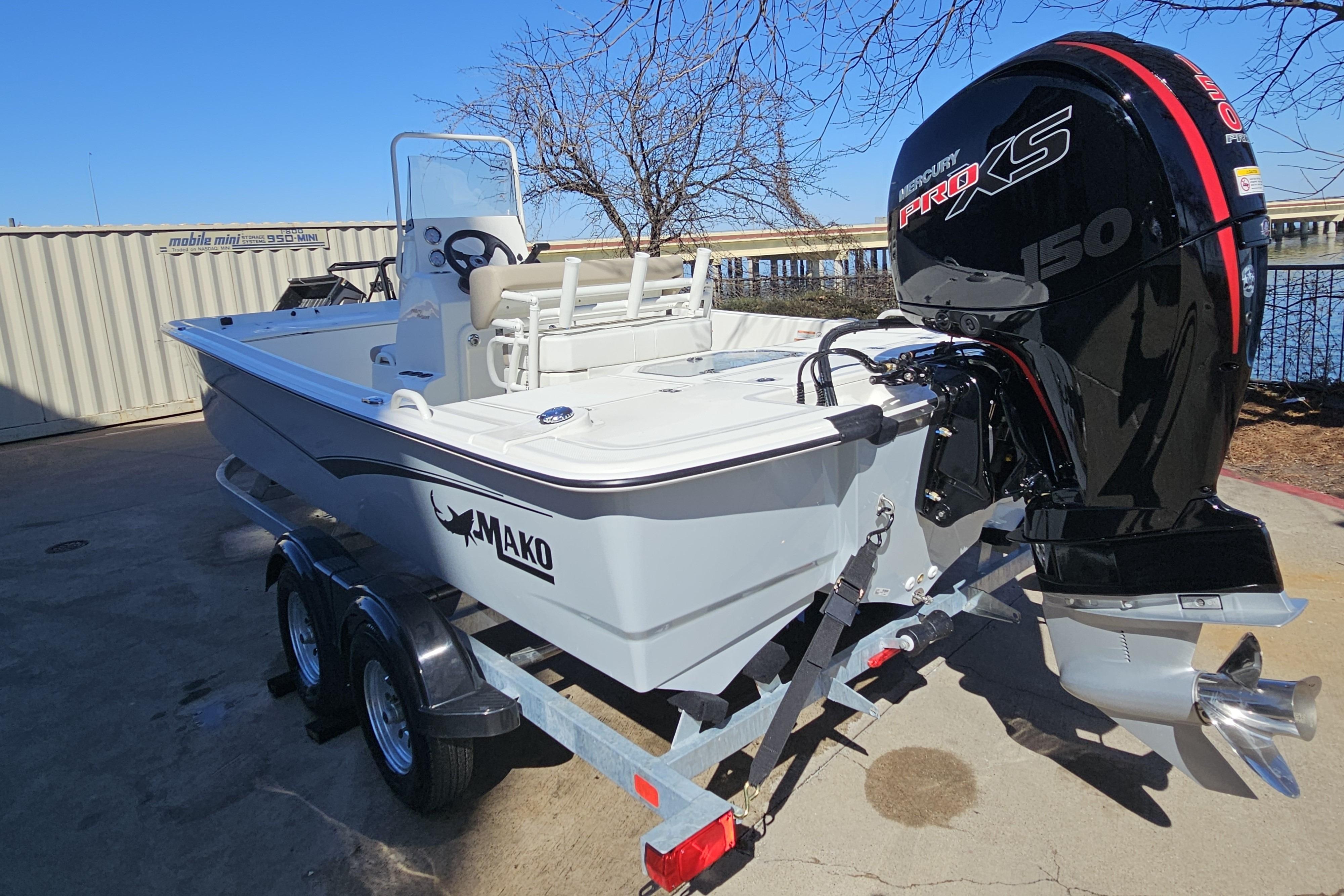 2026 Mako Pro Skiff 19 CC boat with Mercury Pro XS engine on trailer.