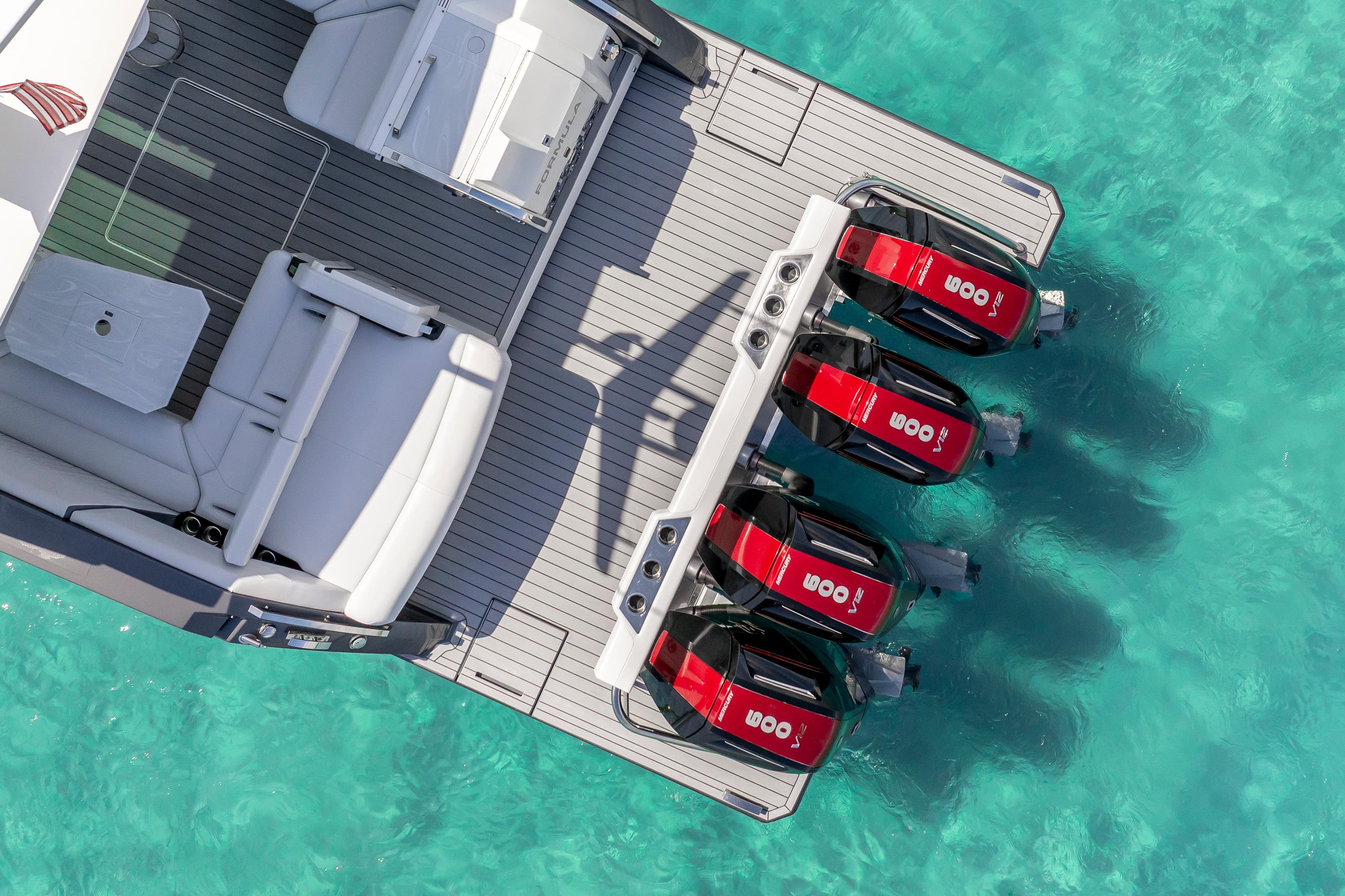 Aerial view of 2022 Formula 500 Super Sport Crossover boat with four engines on turquoise water.