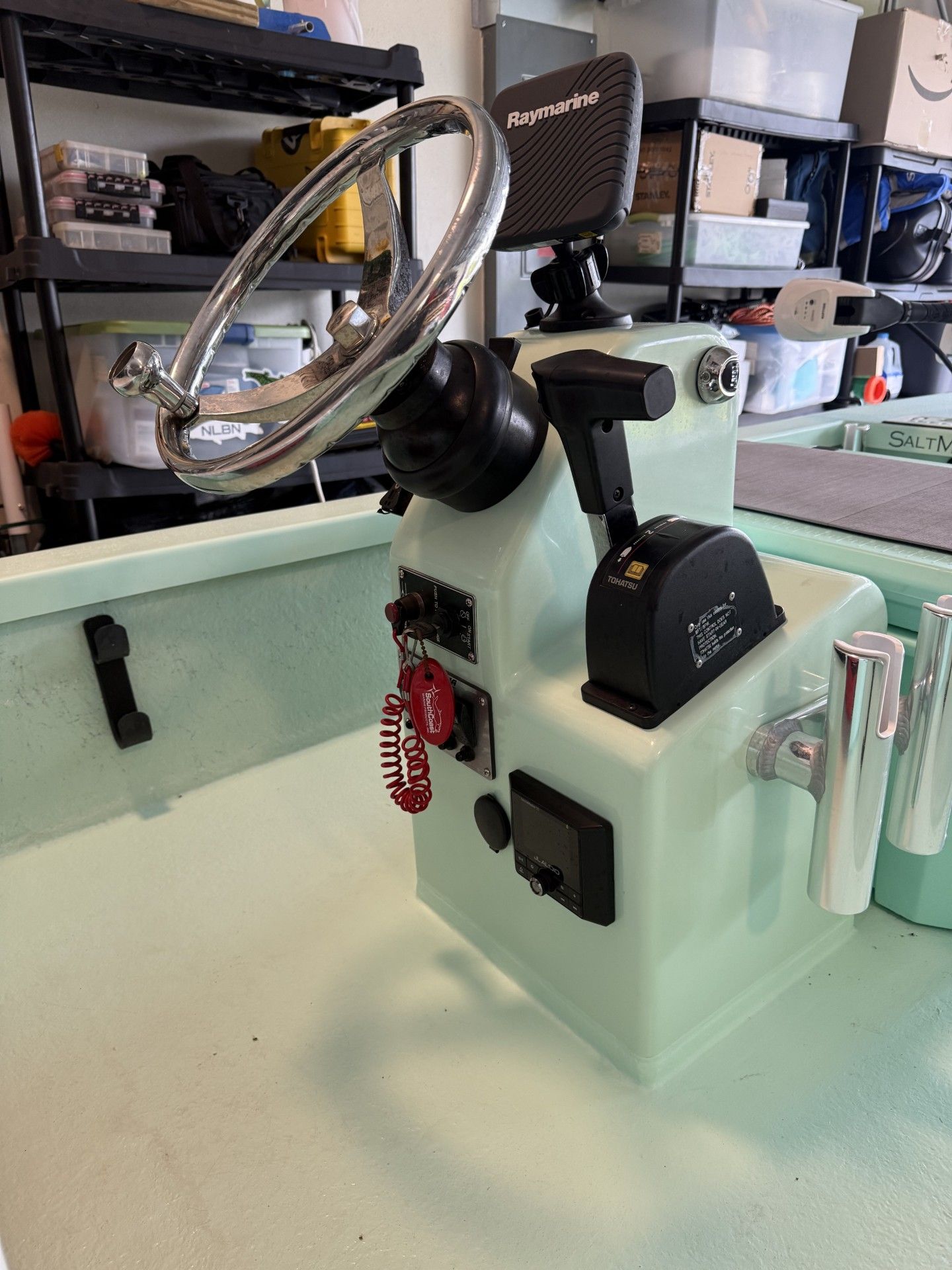 Steering console of a 2018 SaltMarsh 1444 boat.