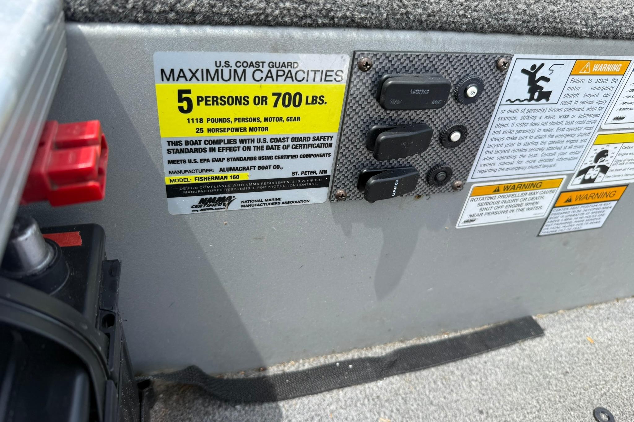2013 Alumacraft Fisherman 160 Tiller boat capacity label and warning stickers.
