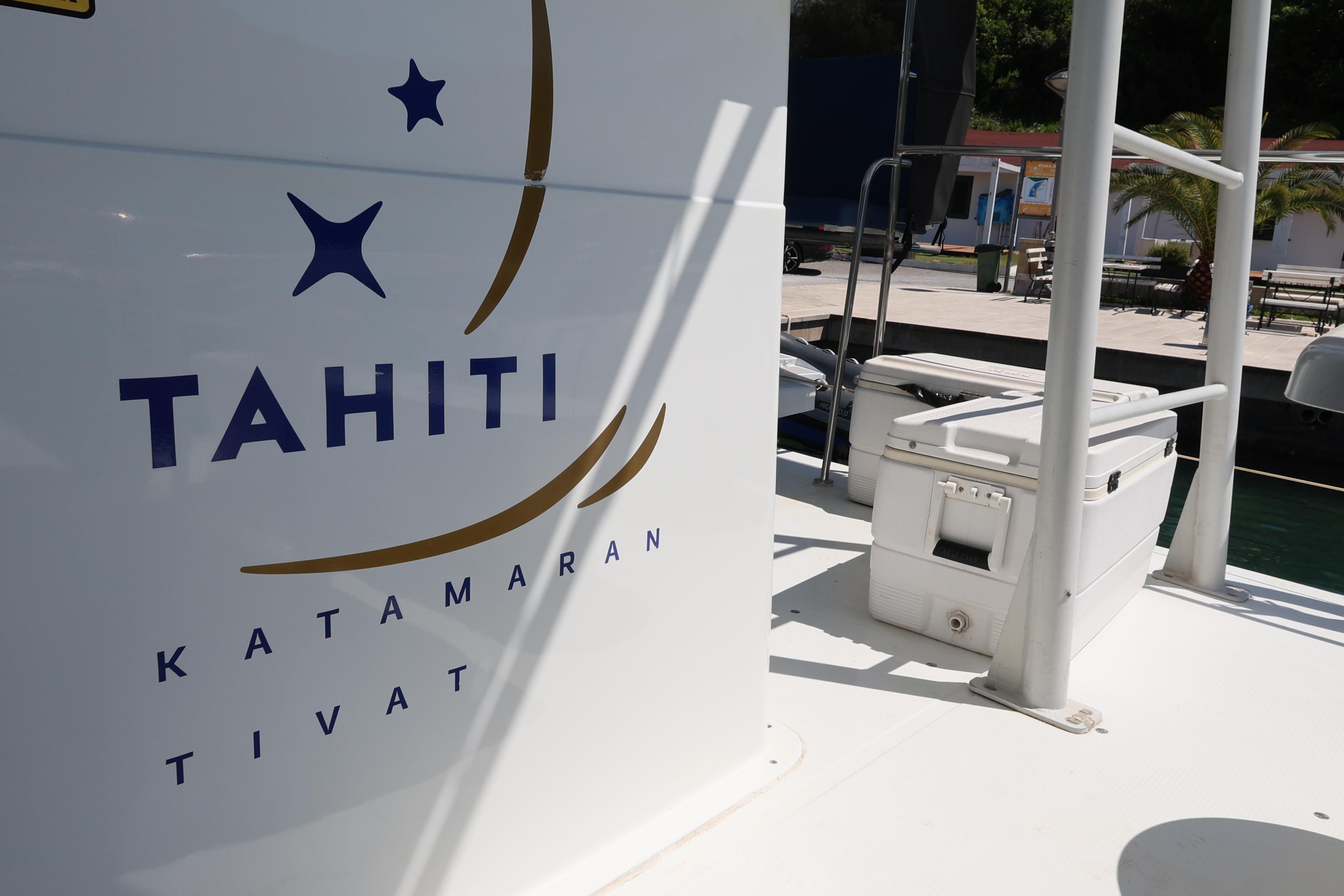 Fountaine Pajot Taiti Day Charter 80 catamaran, 2015 model, docked with visible branding.