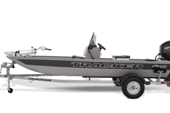 2026 Tracker Bass Tracker Classic CC boat on trailer, side view.