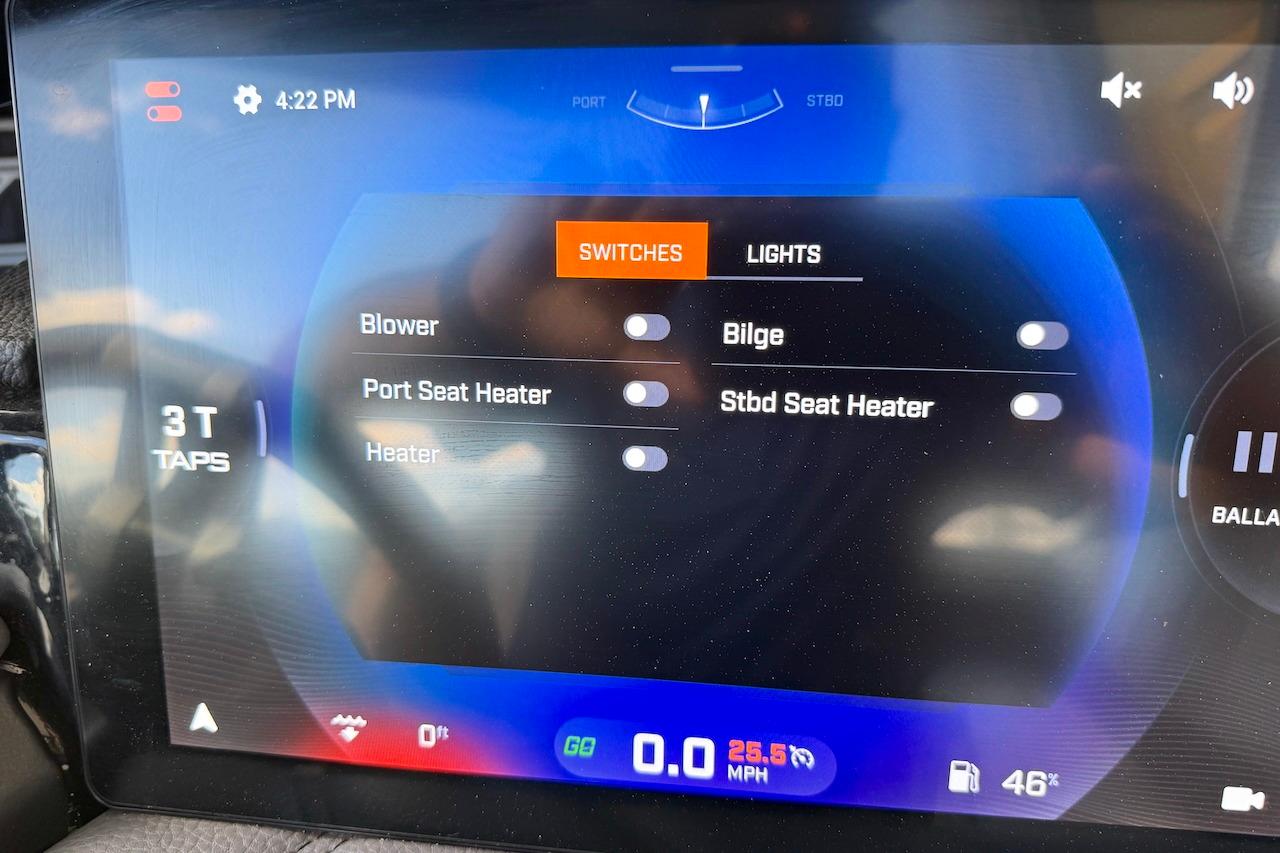 Touchscreen control panel of 2025 Tigé Ultré 25ZX boat, displaying switches and settings.