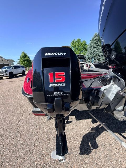 Close-up of a Mercury 15 HP outboard motor on a Ranger 621FS Pro boat.