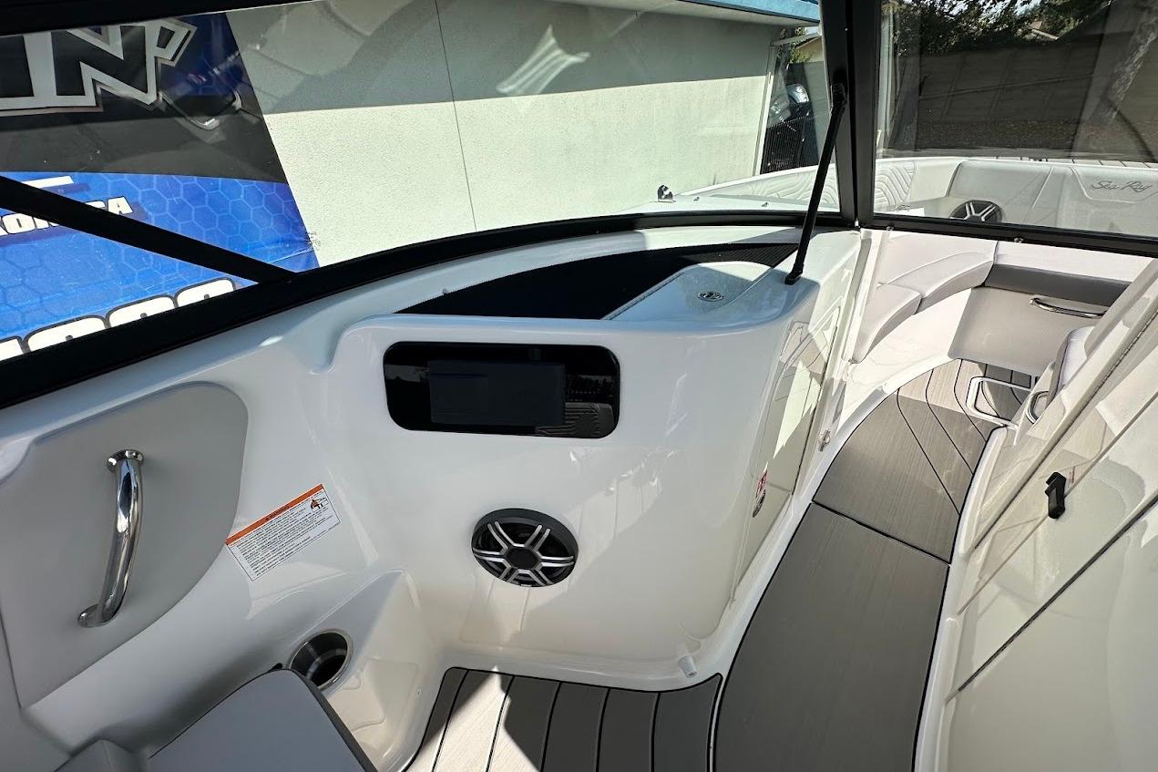 2026 Sea Ray SDX 230 Surf boat interior with sleek design and modern dashboard.
