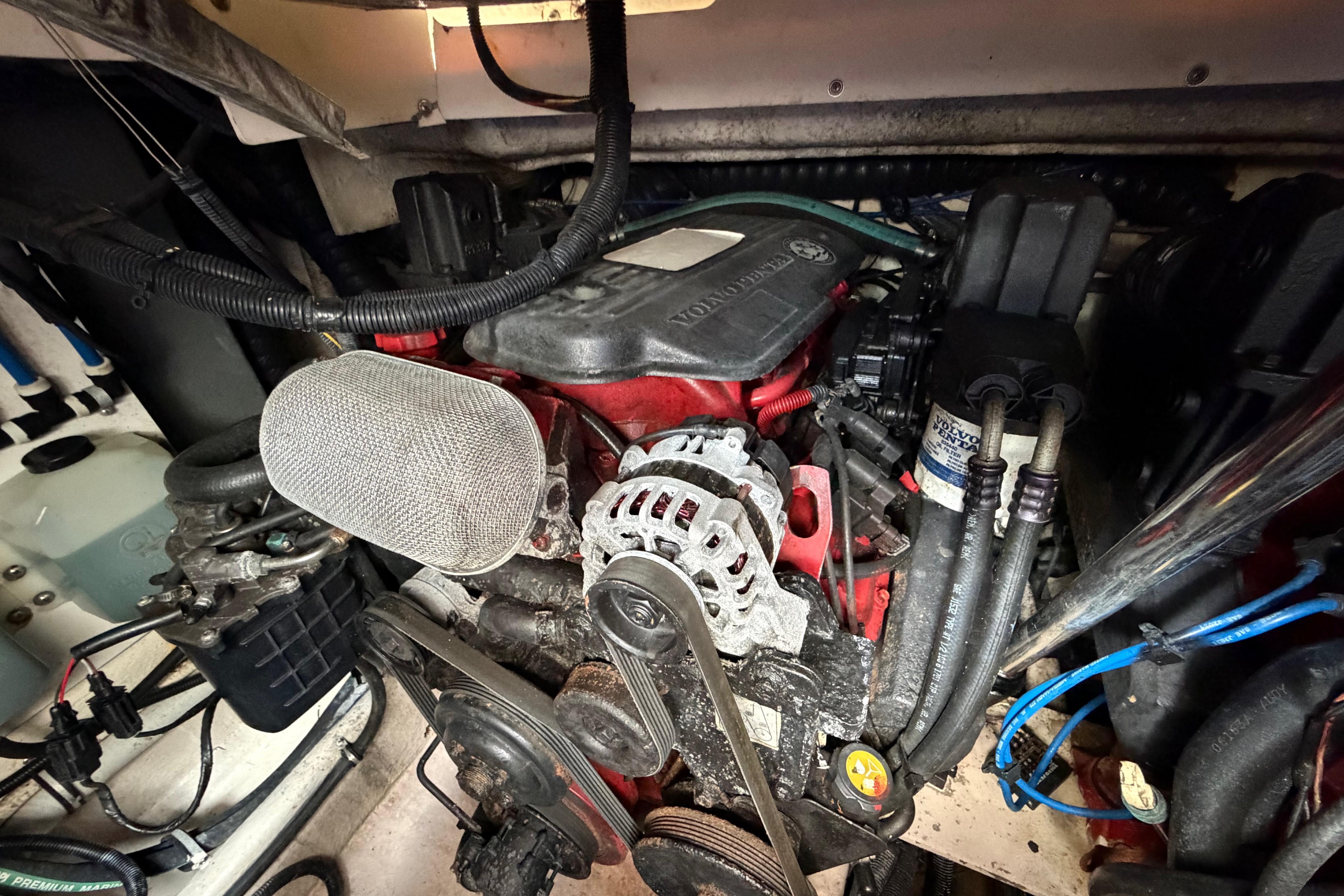 Engine compartment of a 2007 Monterey 350 Sport Yacht, featuring a Volvo Penta engine.
