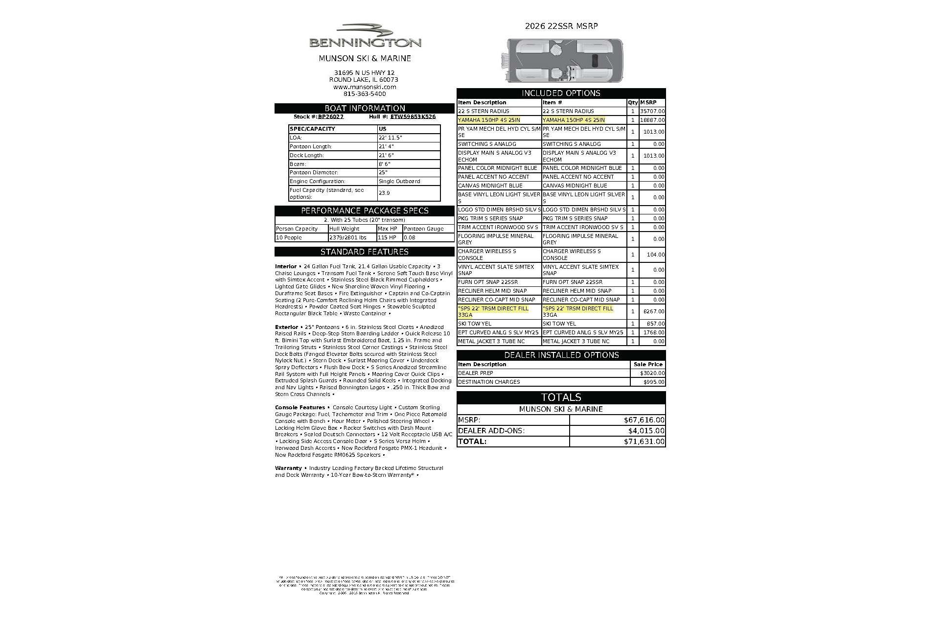 Bennington 22 SSRSF 2026 boat specifications and pricing details sheet.