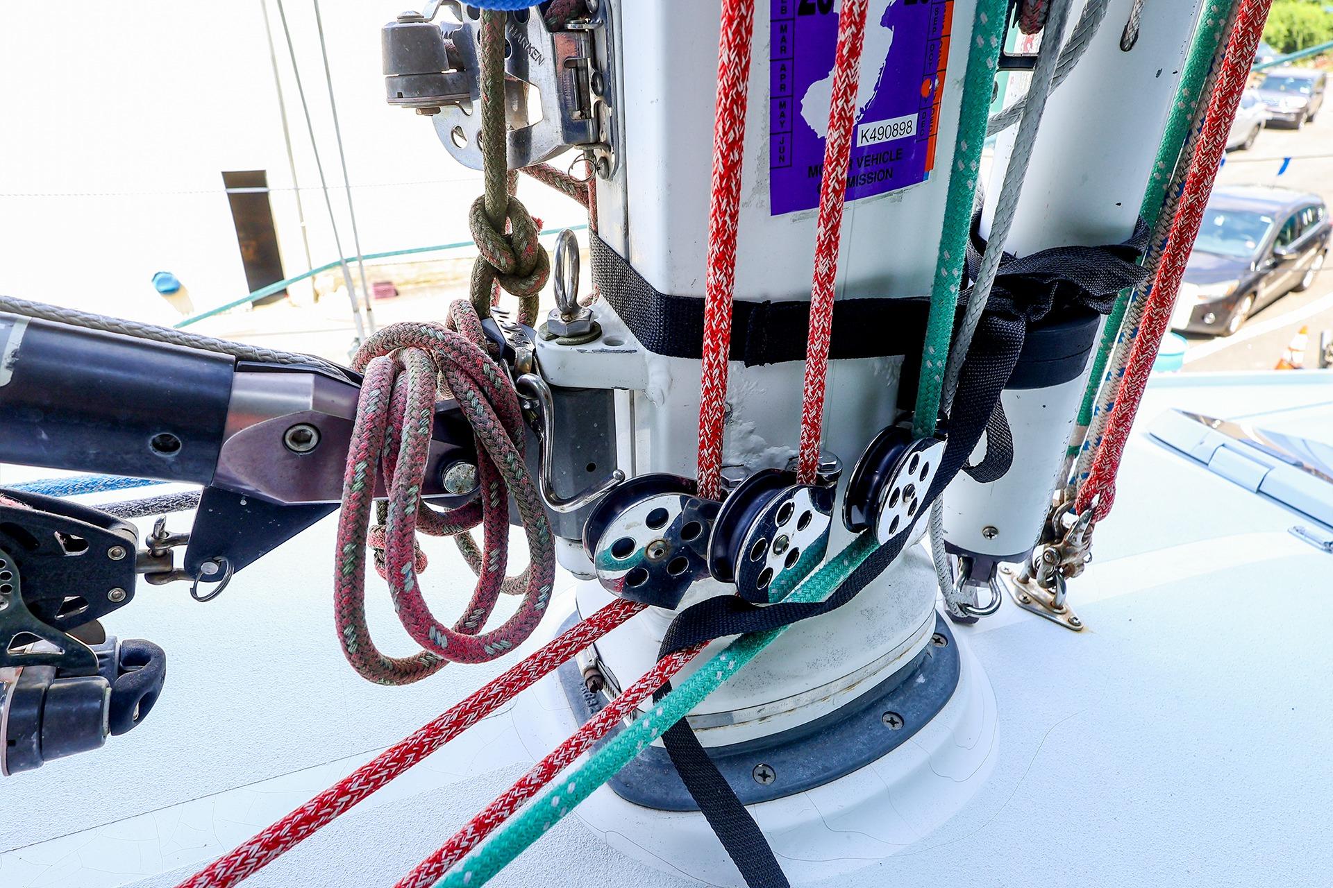 Close-up of rigging and pulleys on a 2001 J Boats J/32 sailboat mast.