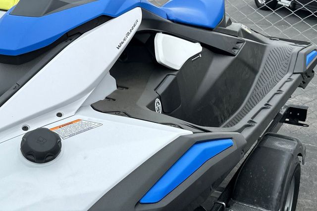 Close-up of a Yamaha WaveRunner JETBLASTER in black and blue on a trailer.