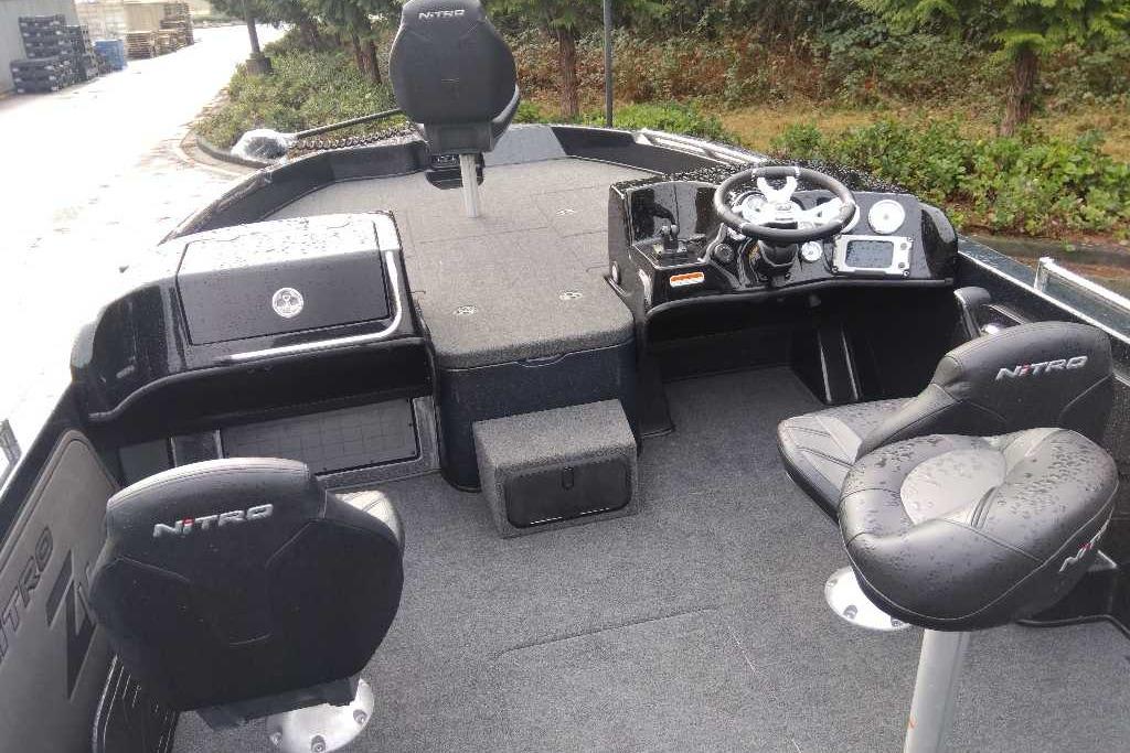 2025 Nitro ZV19 boat interior with steering console and seating.