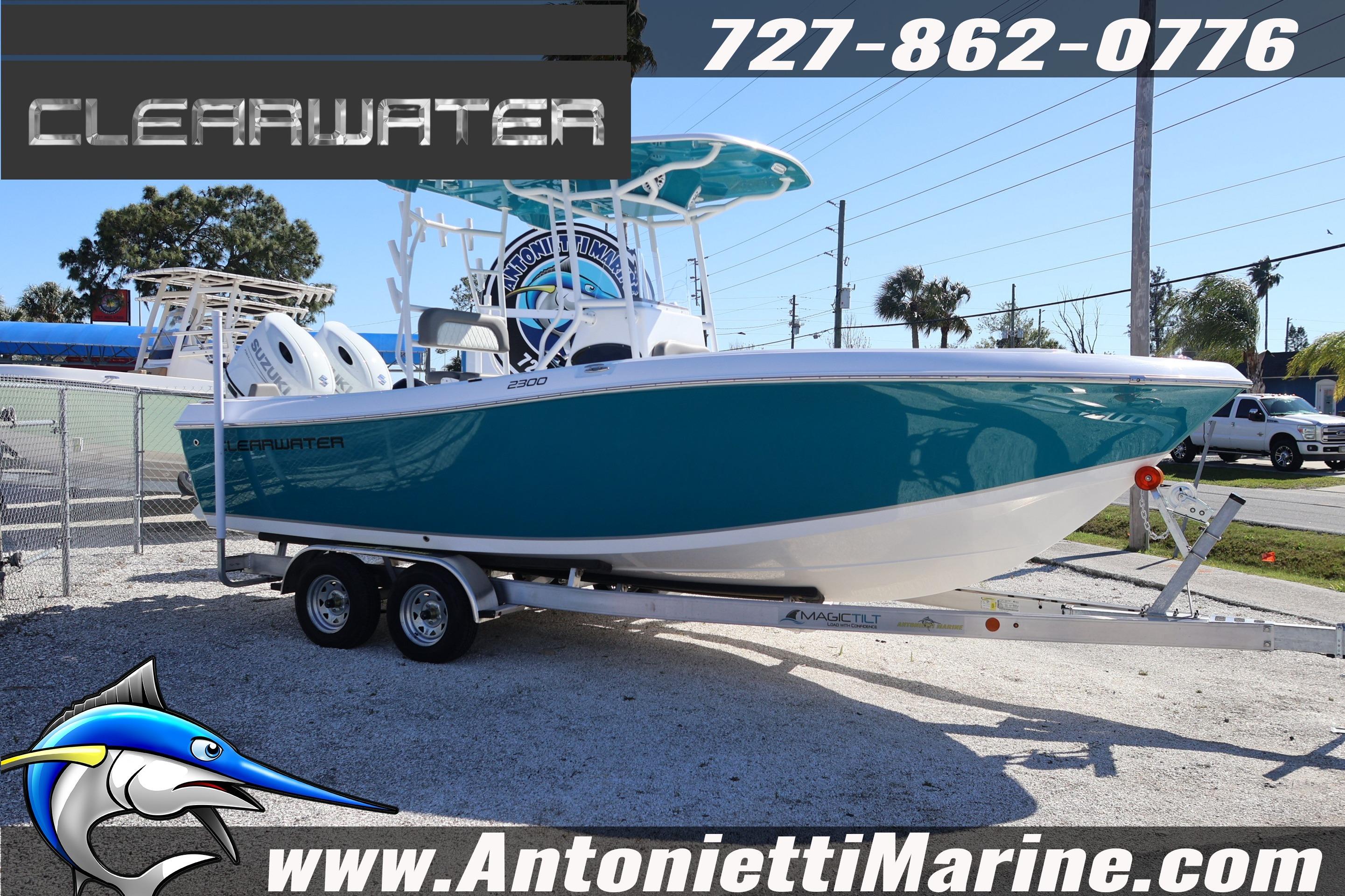 2026 Clearwater 2300 boat on trailer at Antonietti Marine dealership.