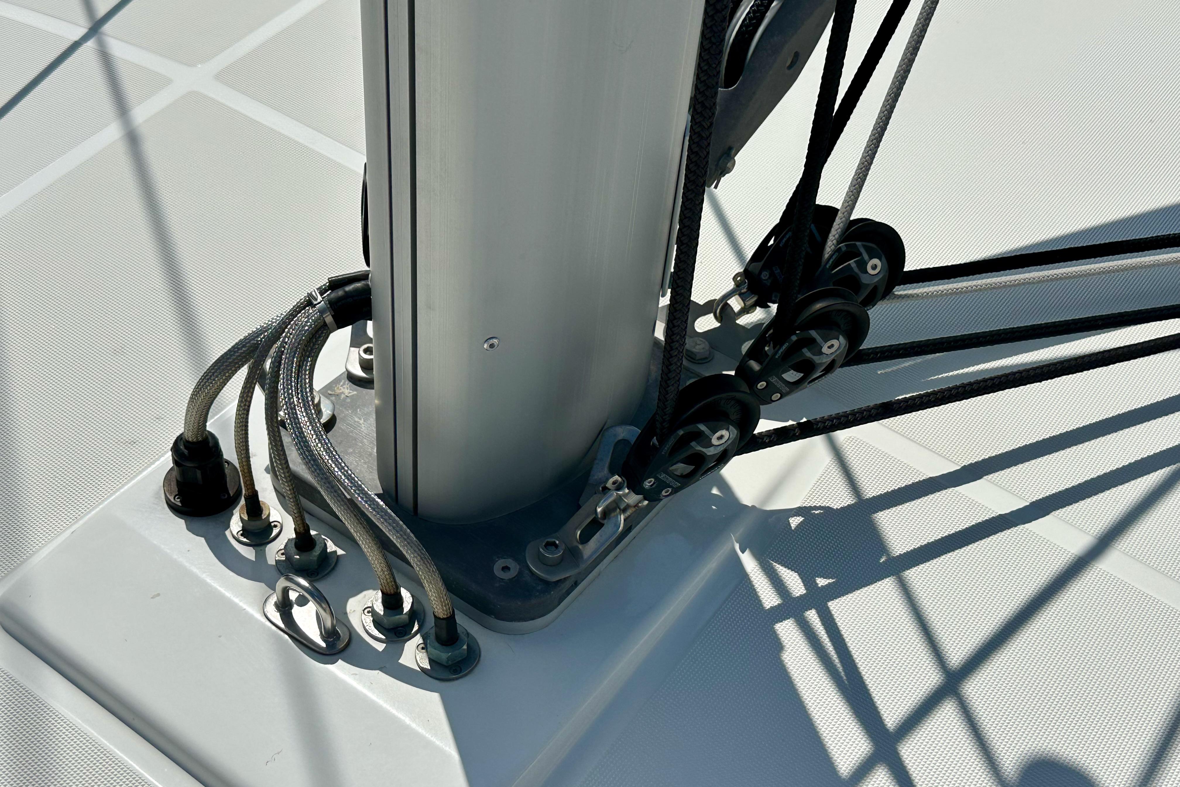 Close-up of rigging on 2024 Jeanneau Sun Odyssey 410 sailboat deck.