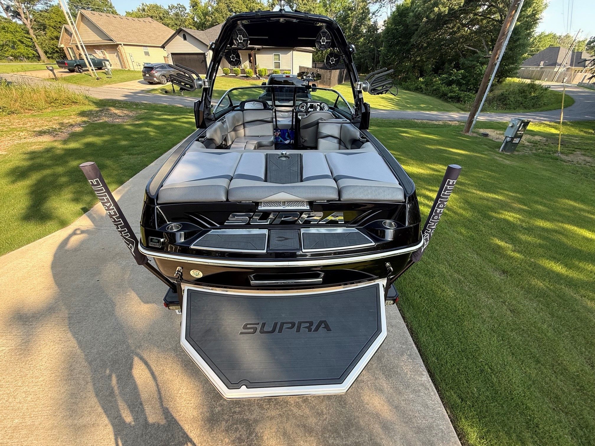 2014 Supra SC350 on a trailer, ready for water sports.