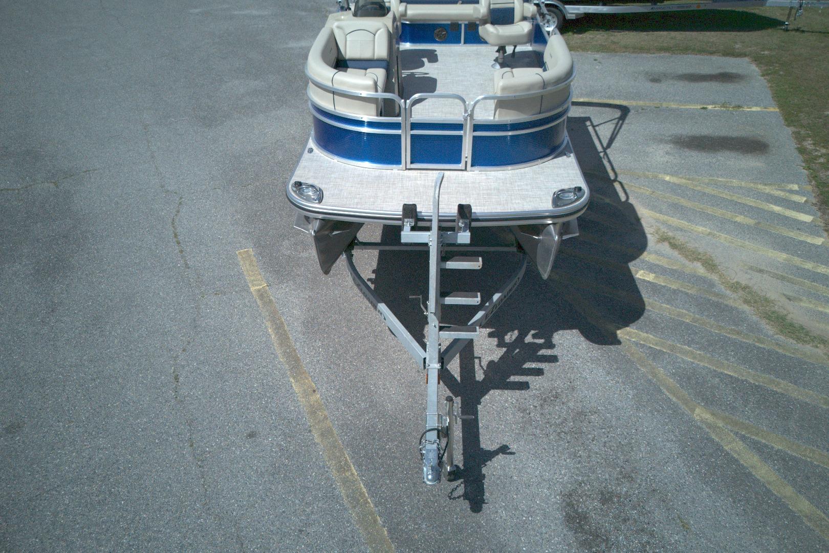 2024 Lowe Ultra 200 Cruise pontoon boat on trailer, viewed from above.