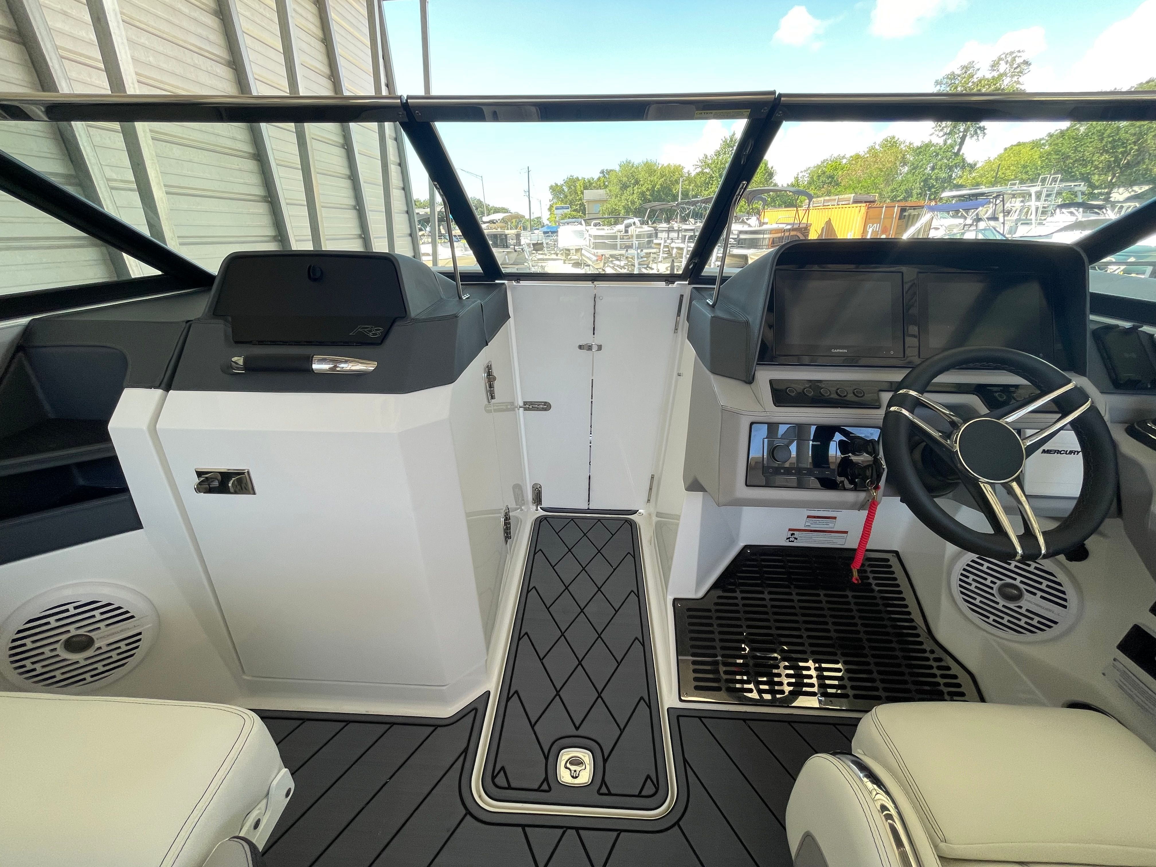 Interior view of 2022 Cobalt R8 Outboard boat cockpit.