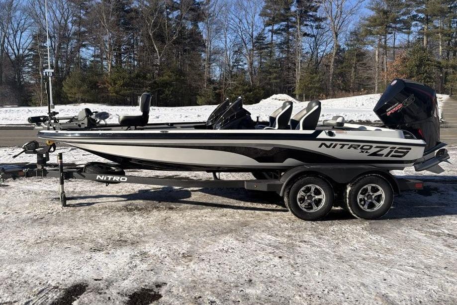 2026 Nitro Z19 XL Pro boat on trailer, parked in snowy landscape.