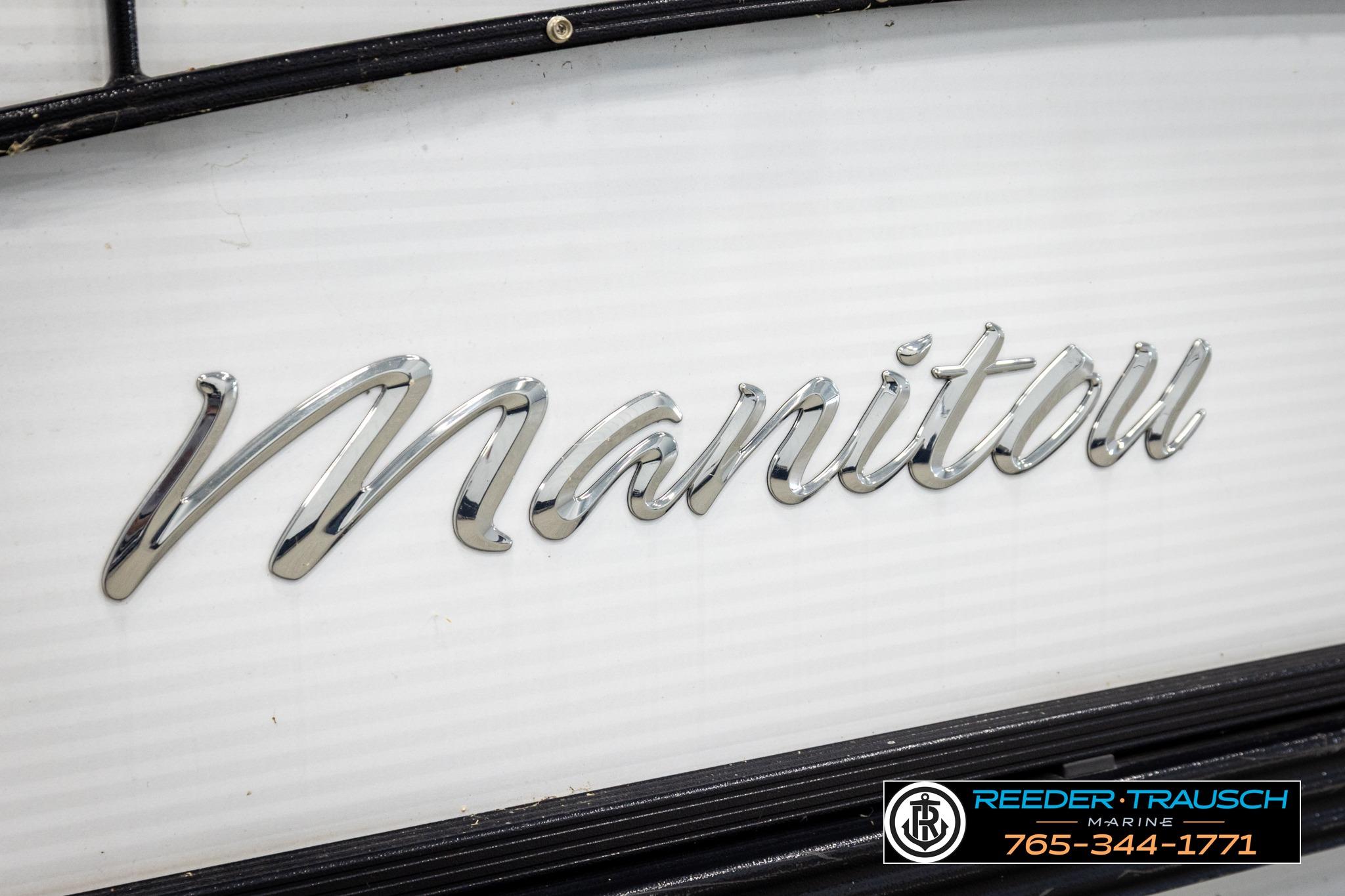 Chrome "Manitou" logo on 2019 Oasis SR VP boat, Reeder-Trausch Marine branding.