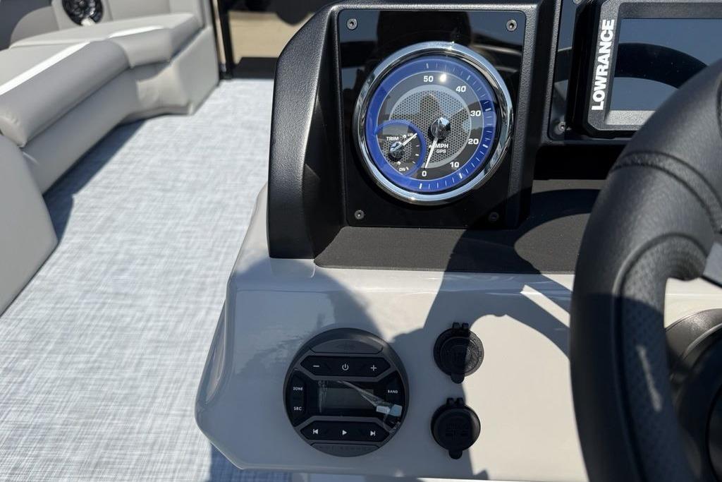 Dashboard of 2026 Premier 220 Sunscape RF boat with gauges and controls.