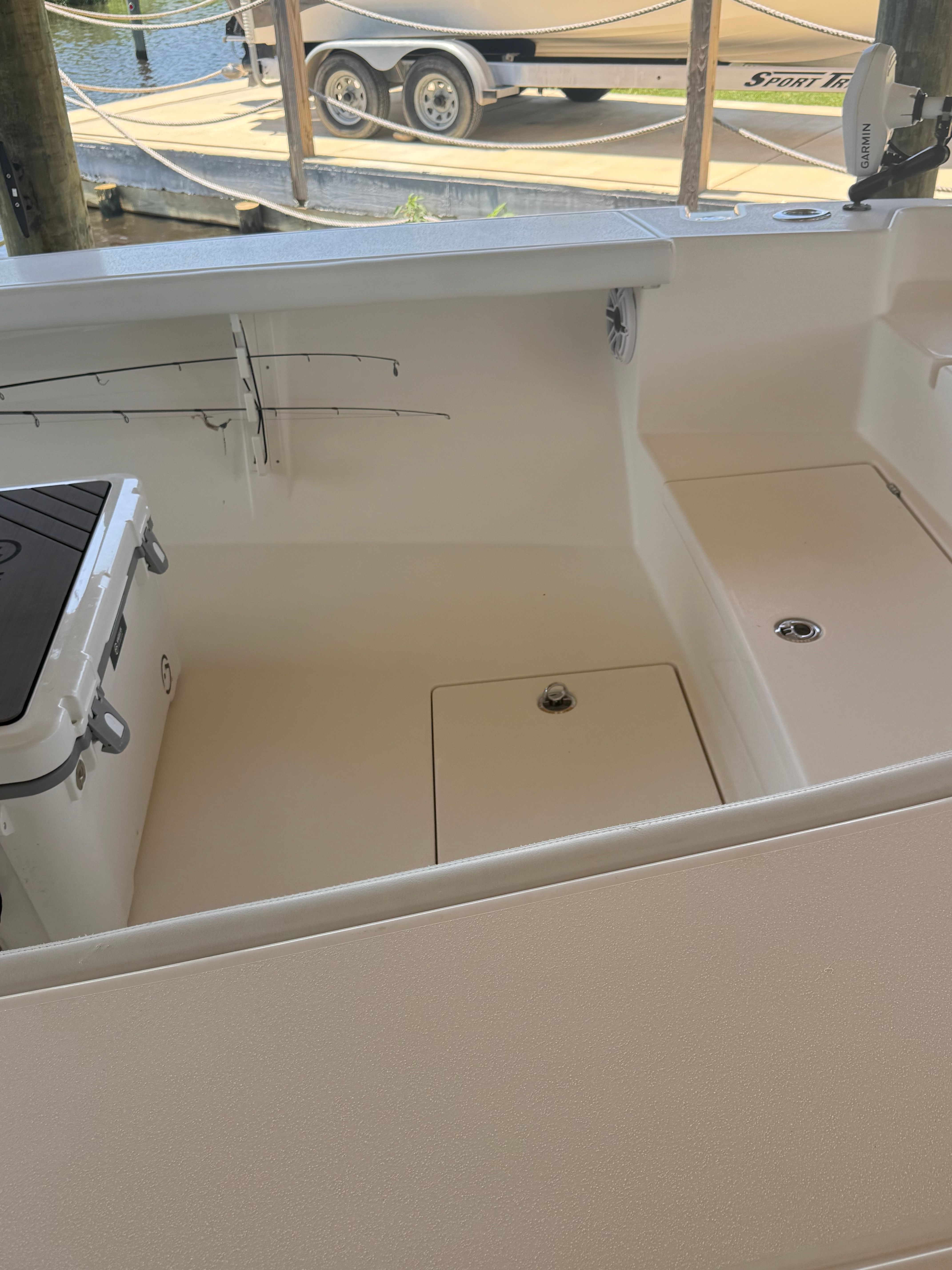 Interior of a 2024 Pathfinder 2700 Open boat at the dock.
