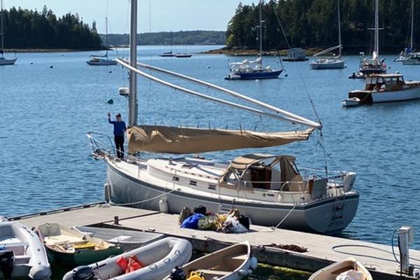 Sailboat Nonsuch 30 Ultra, 1989 model, docked at a scenic marina with surrounding boats.