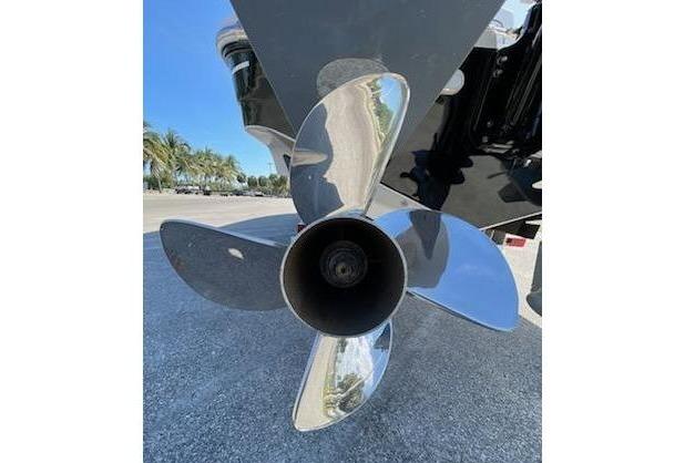 Close-up of a shiny boat propeller, Midnight Express 34 Open, 2009.