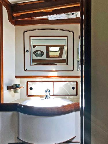 Interior view of a sleek bathroom with wood trim and a mirror.