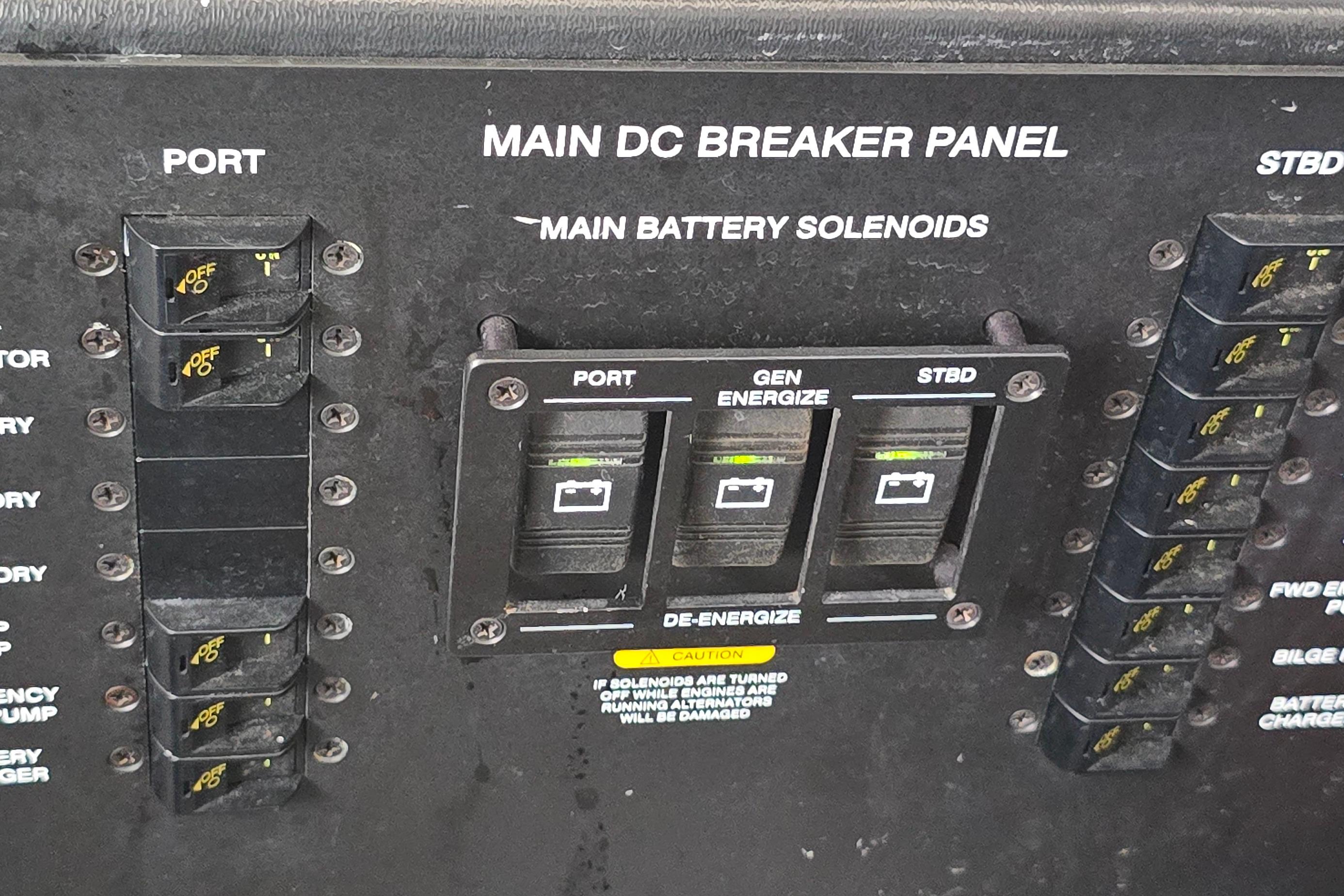 Main DC breaker panel on 2007 Sea Ray 340 Sundancer boat, featuring battery solenoids.