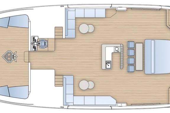 Floor plan of 2026 Diamond Yachts P55 Power Catamaran, featuring spacious interior layout.