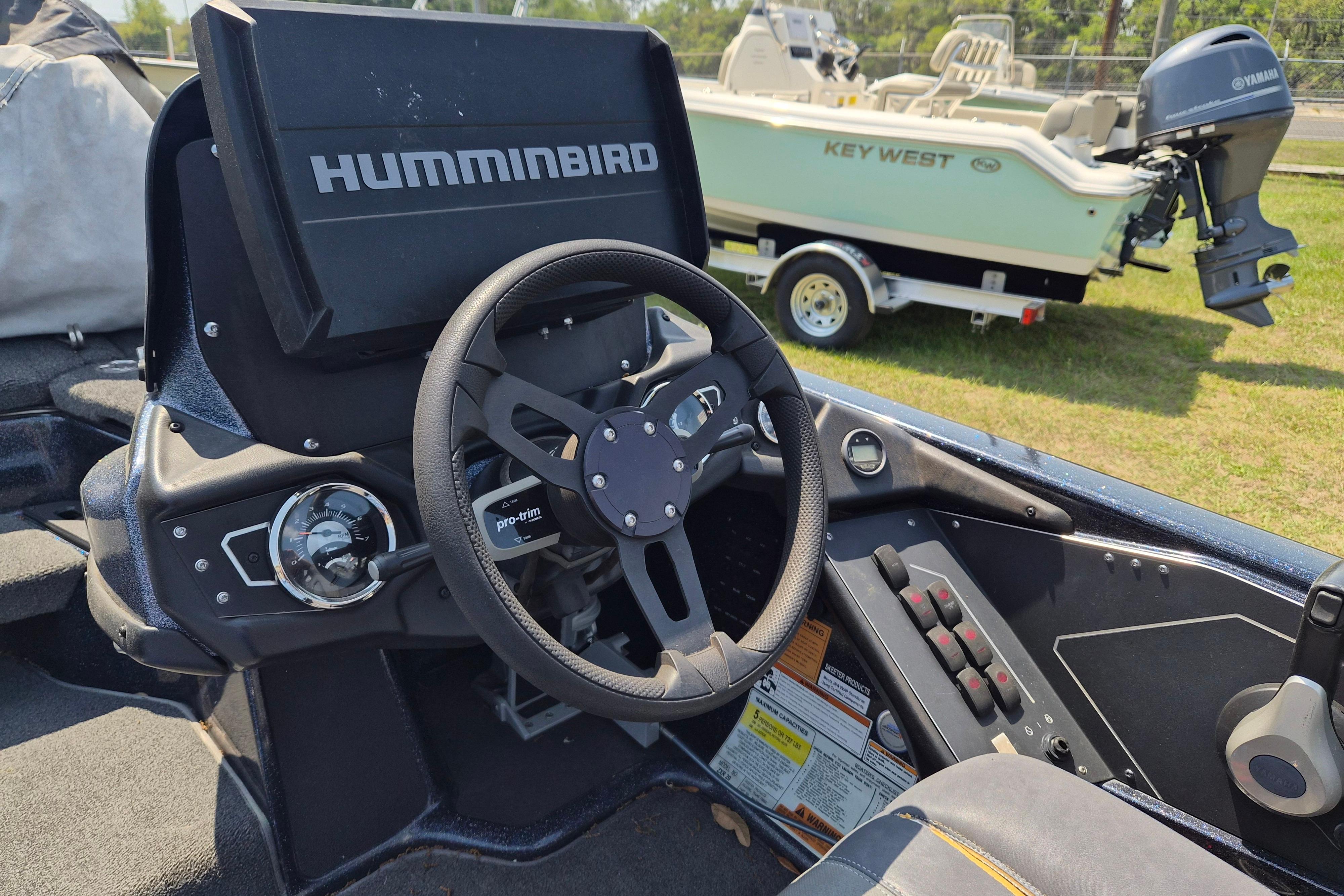 2021 Skeeter ZXR20 boat cockpit with Humminbird display and steering wheel.