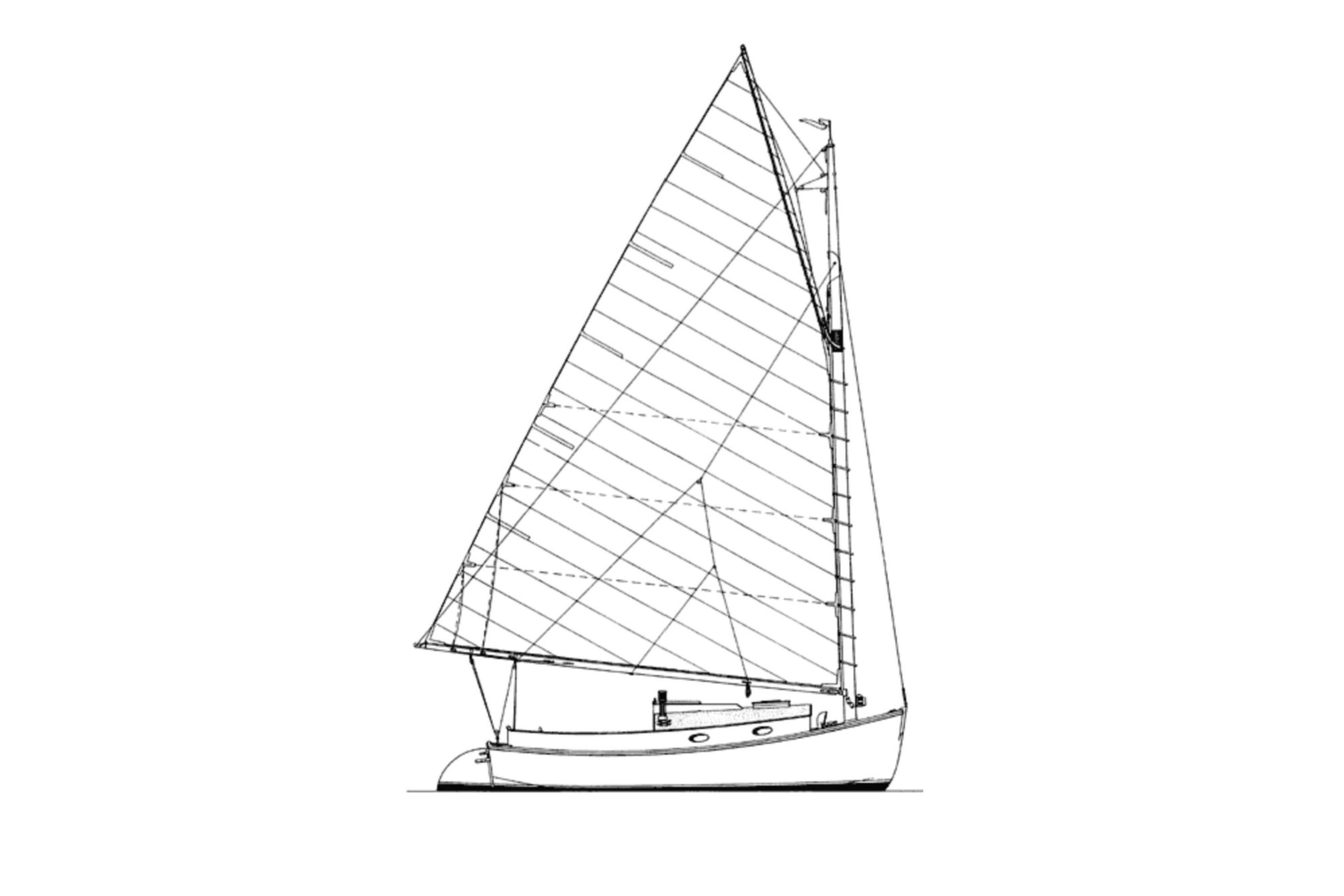 Line drawing of a 1978 Cape Cod Catboat, Ted Brewer model, with detailed sail design.
