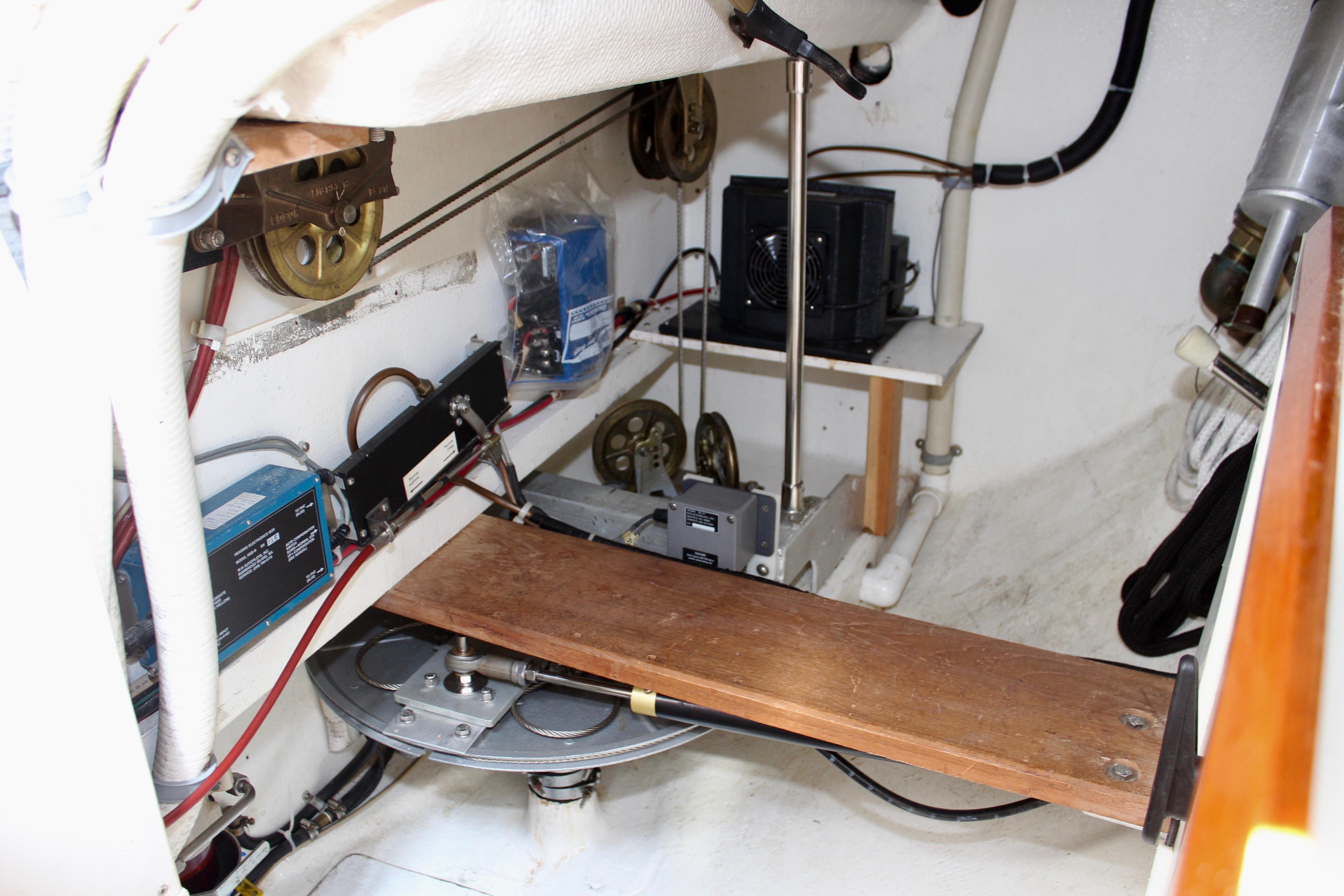 Interior of a 1993 Freya 39 sailboat showing mechanical and electrical components.