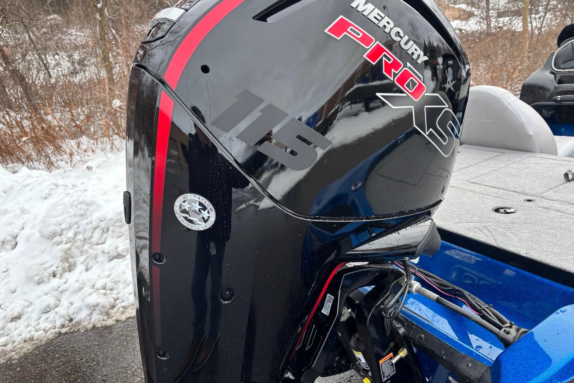Outboard motor on a 2026 Nitro Z17 boat, featuring Mercury Pro XS branding.