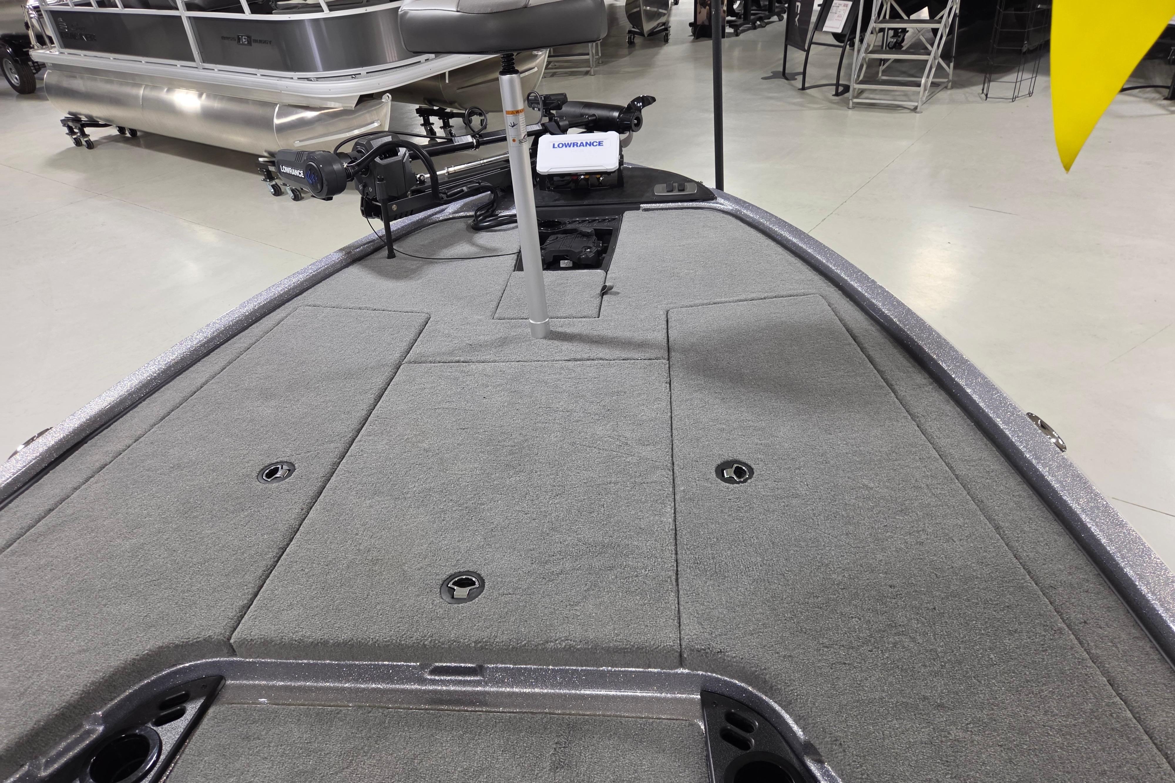 Front deck of a 2026 Nitro Z19 XL boat with fishing equipment.