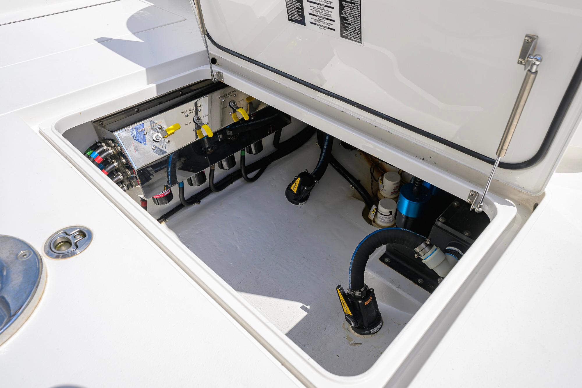 2020 Valhalla Boatworks V-41 engine compartment with visible wiring and components.
