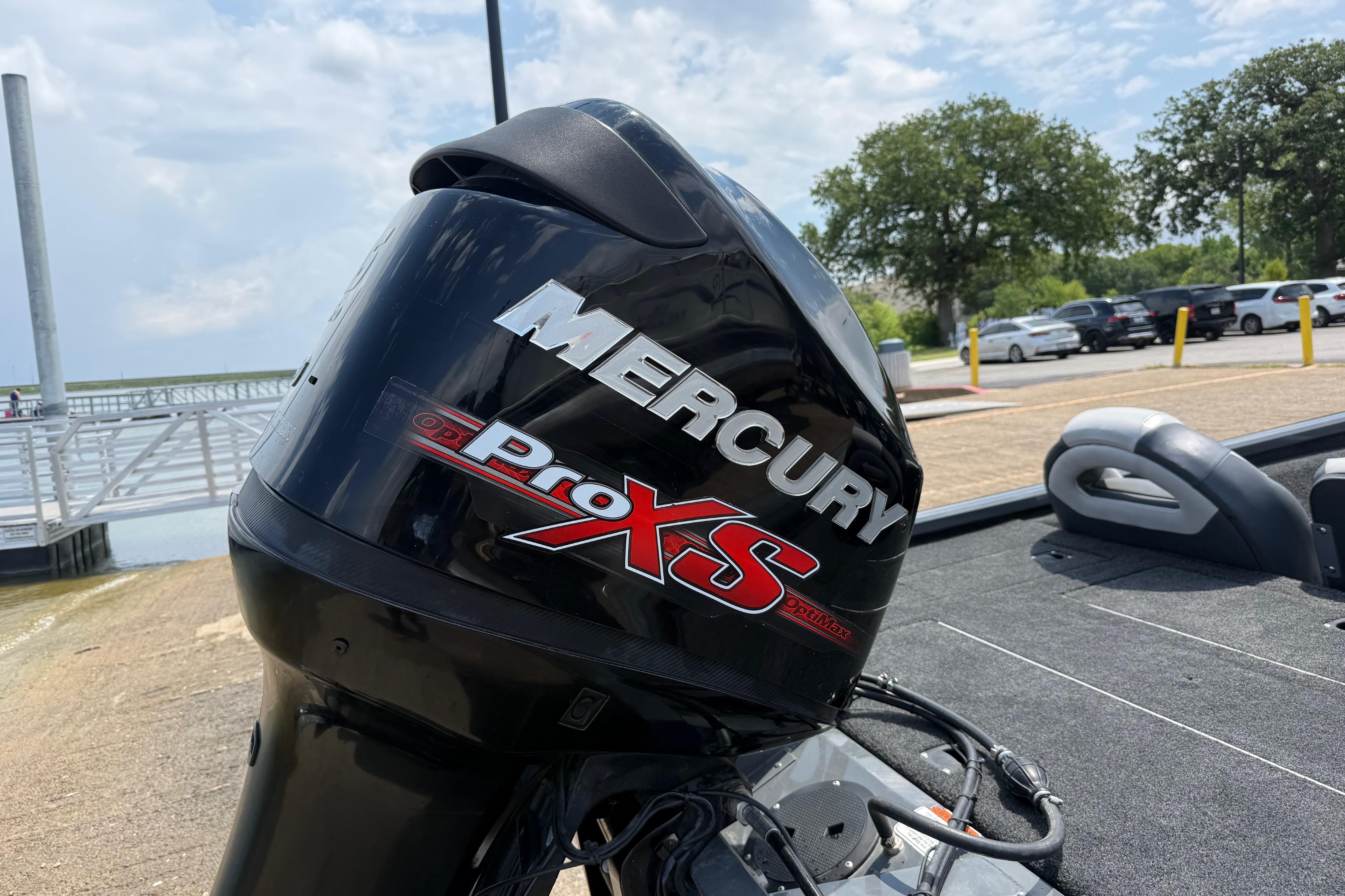 Mercury Pro XS engine on 2015 Tracker Pro Team 190 TX boat at dockside.