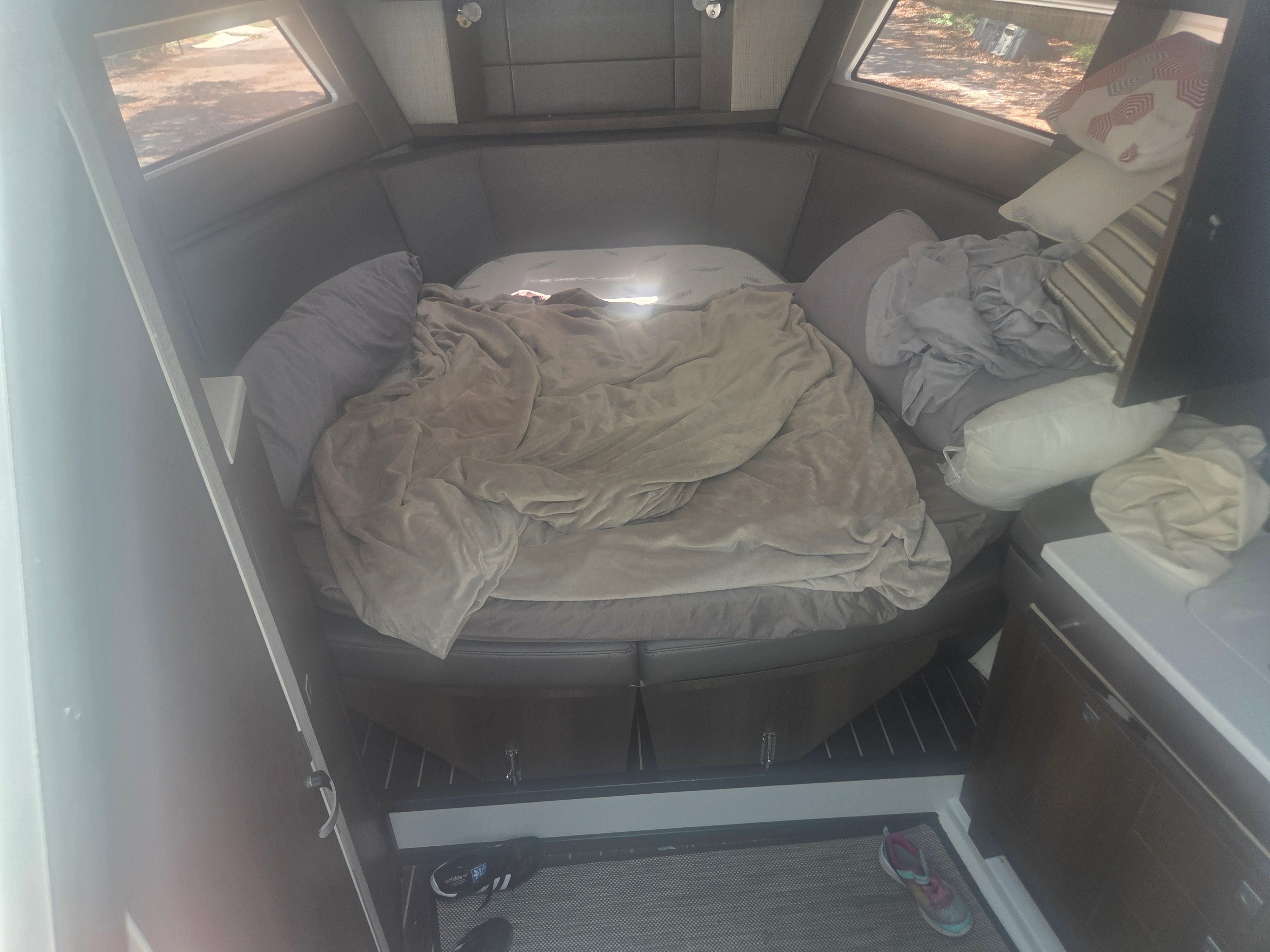 Interior of a 2019 Monterey 360SC with cozy bed.