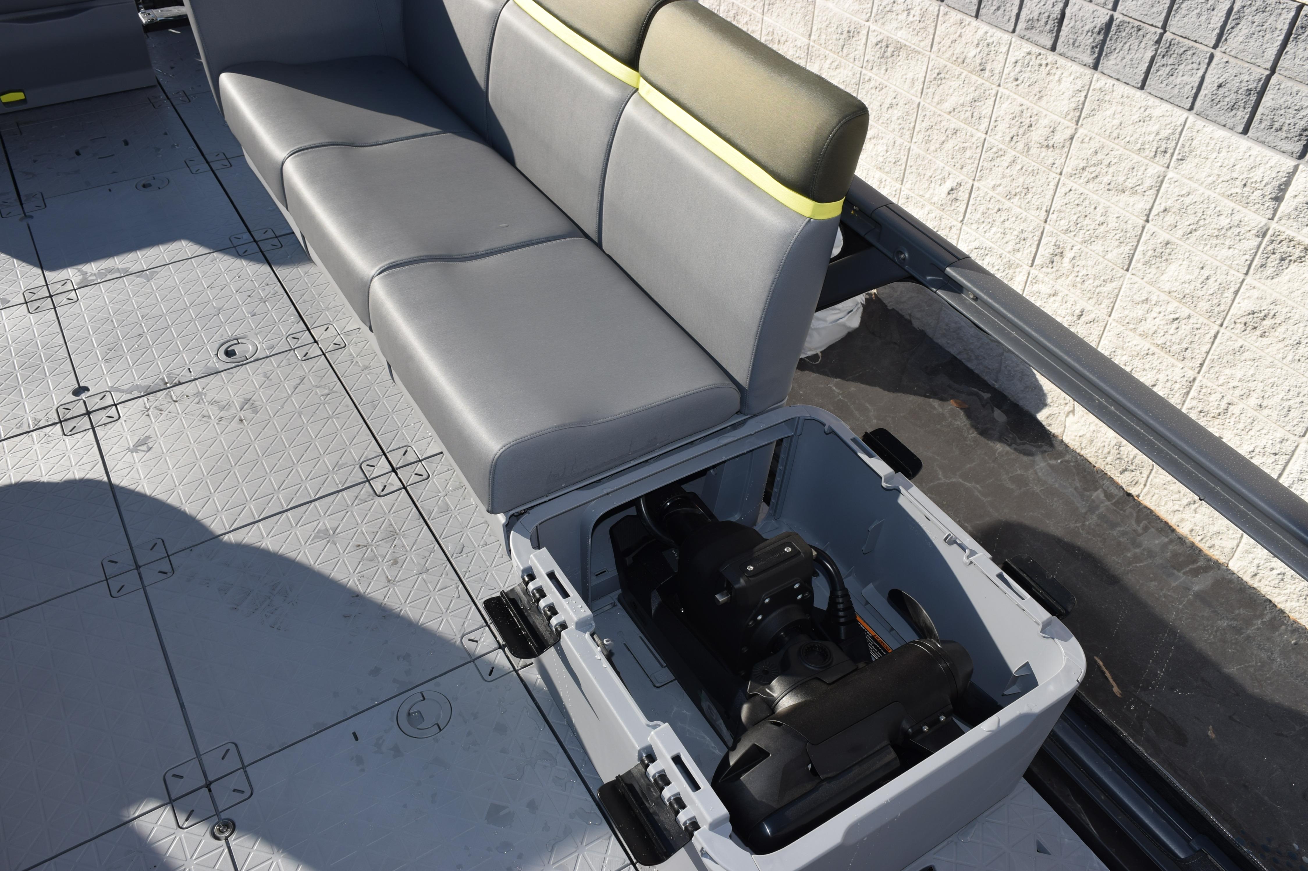 2026 Sea-Doo Switch Fish 21 boat interior with storage compartment open.