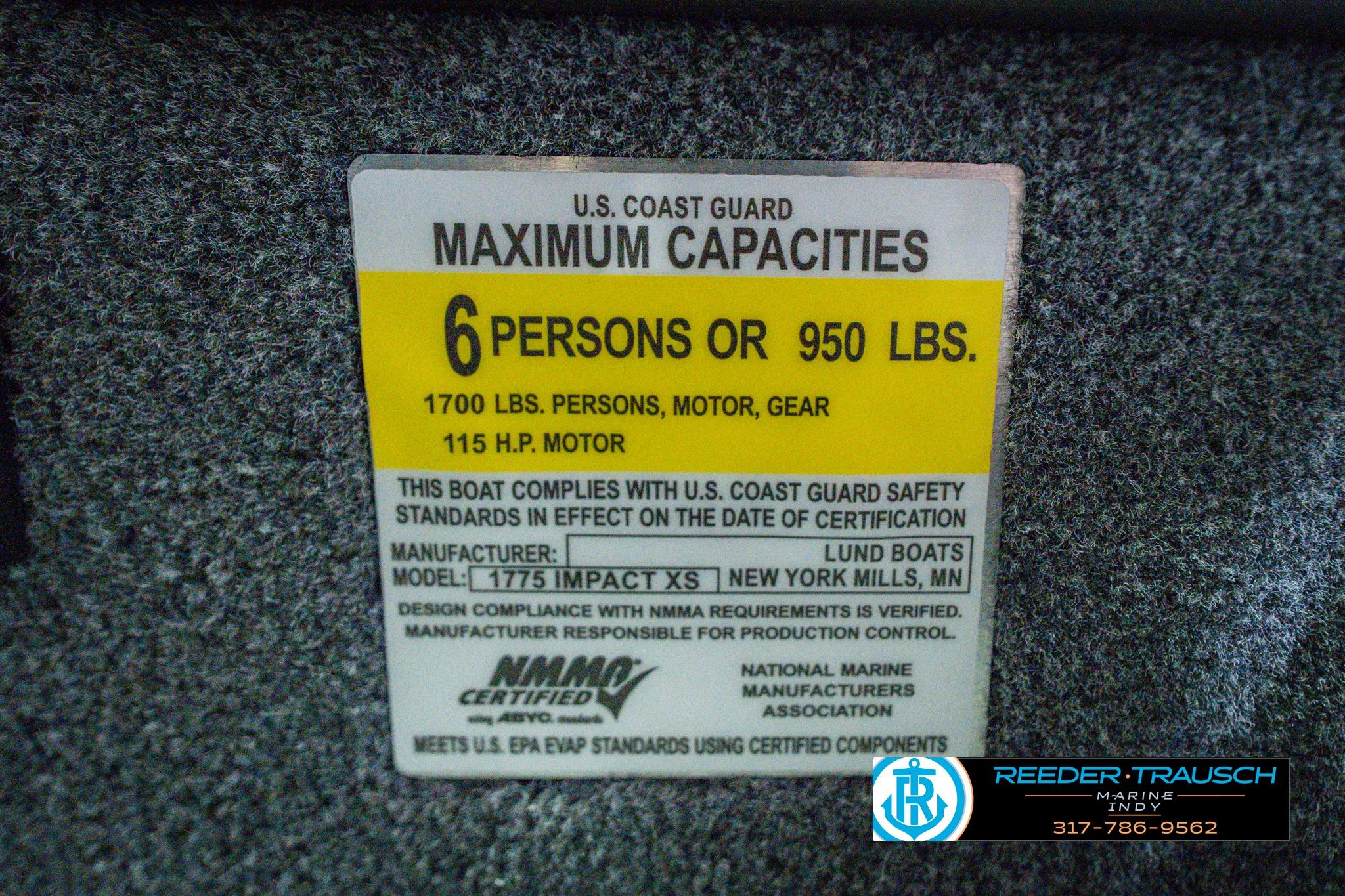 2026 Lund 1775 Impact XS capacity label, 6 persons or 950 lbs, 115 HP motor.