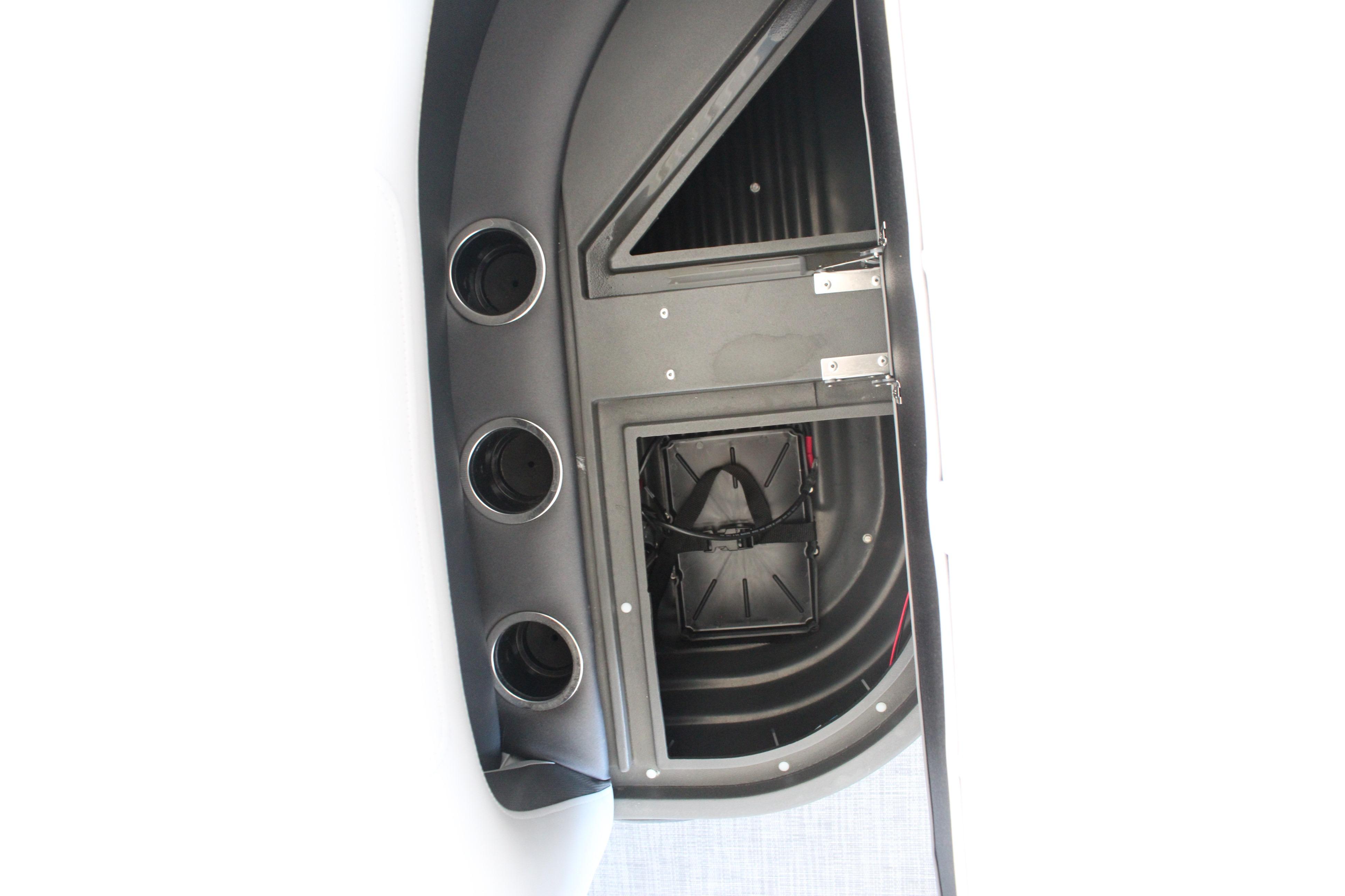 Interior view of 2026 Sun Tracker Party Barge 16 DLX storage compartment.