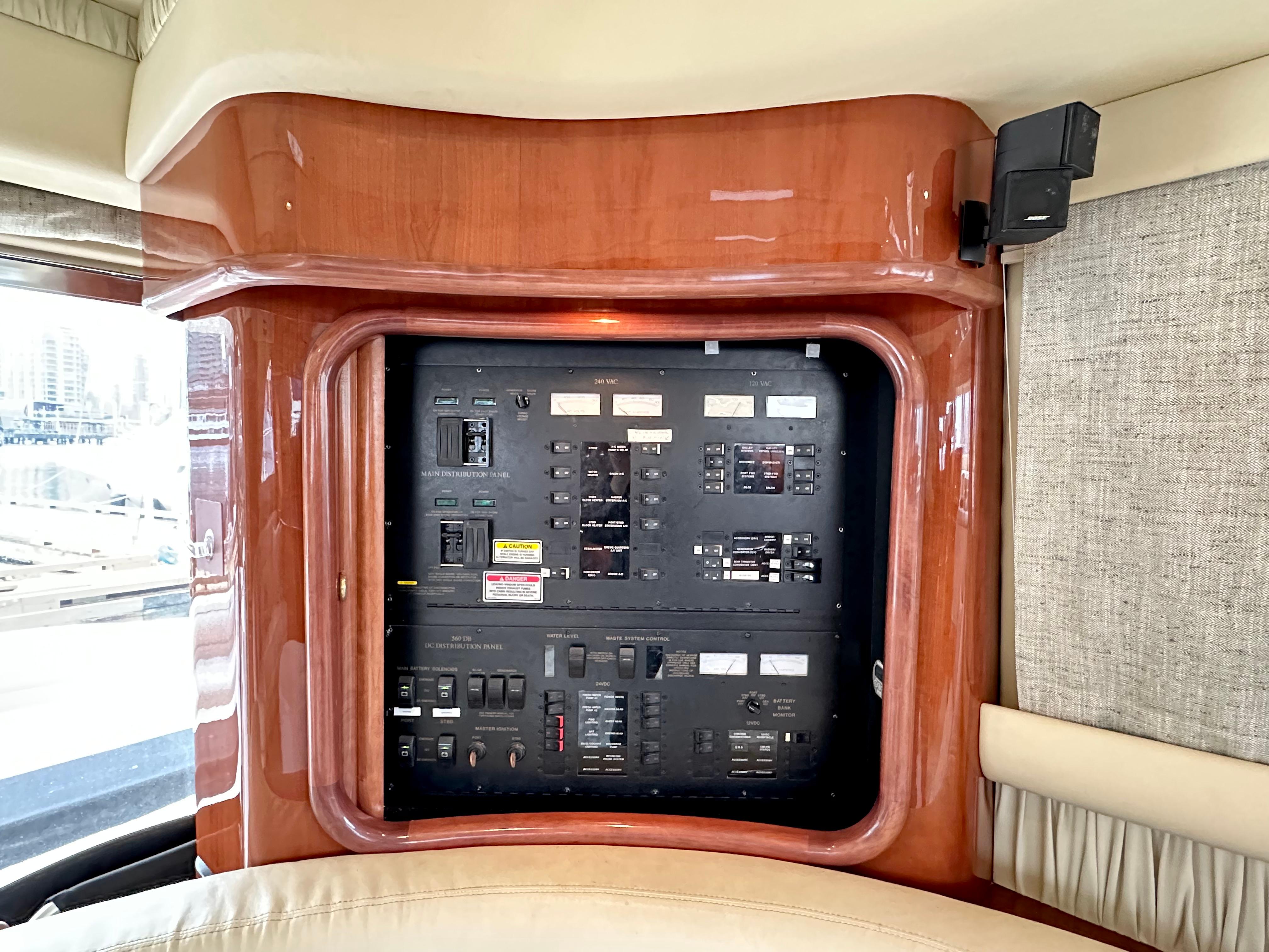 Electrical control panel on a 2002 Sea Ray 560 Sedan Bridge yacht.