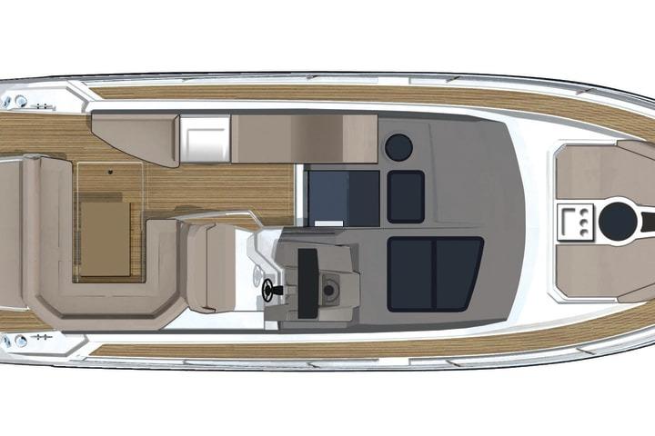 Top view layout of 2014 Cranchi M44 HT Hard Top yacht interior design.