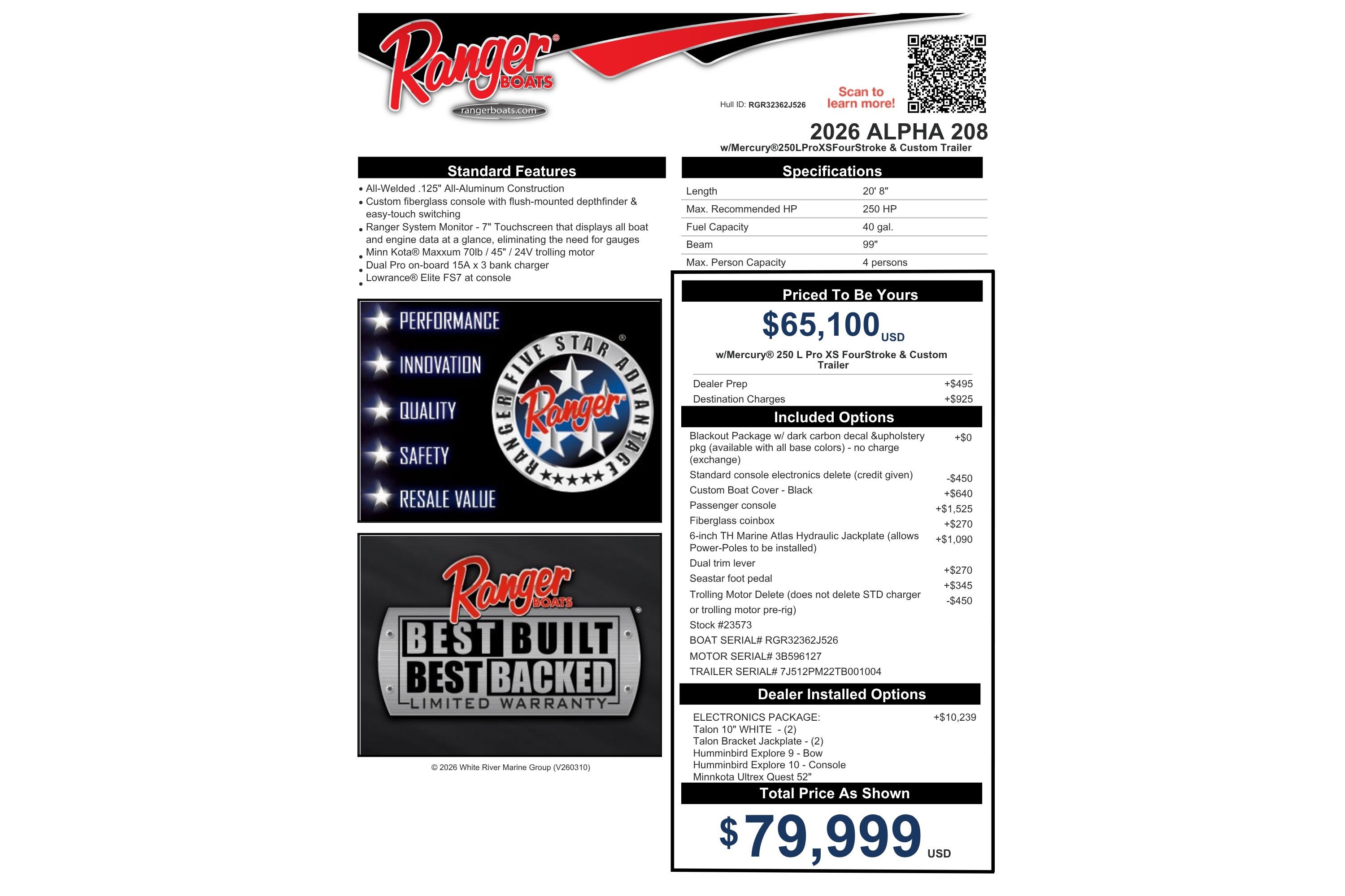 Ranger ALPHA 208 boat brochure, featuring specifications, pricing, and standard features for 2026 model.