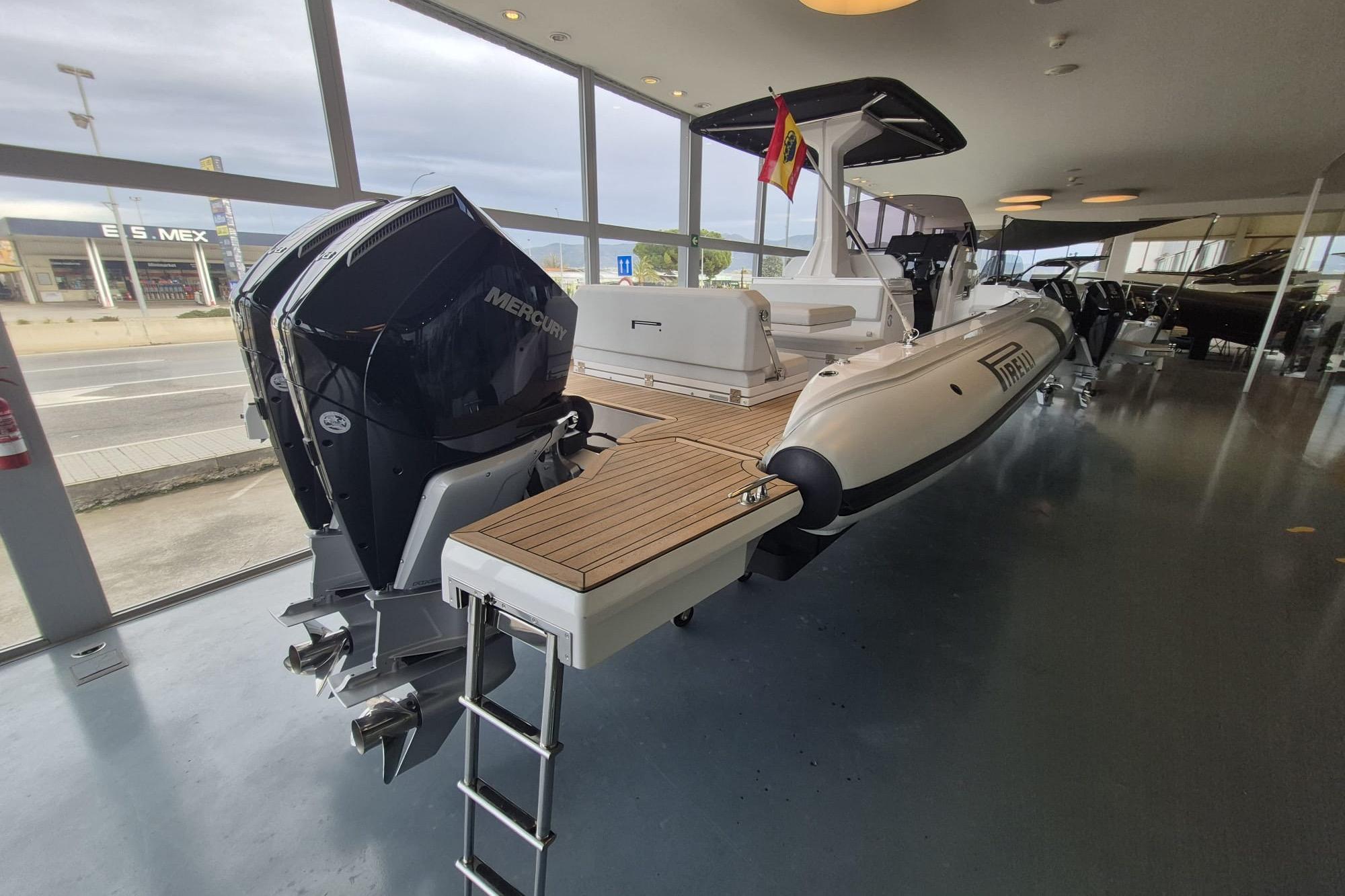 Pirelli 30 boat 2026 with Mercury engines in showroom.