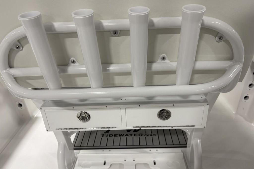 2026 Tidewater 232 CC Adventure boat rod holders and storage compartments.