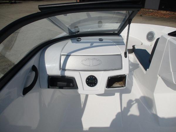 2023 Tahoe 185 S boat dashboard with open windshield and control panel.