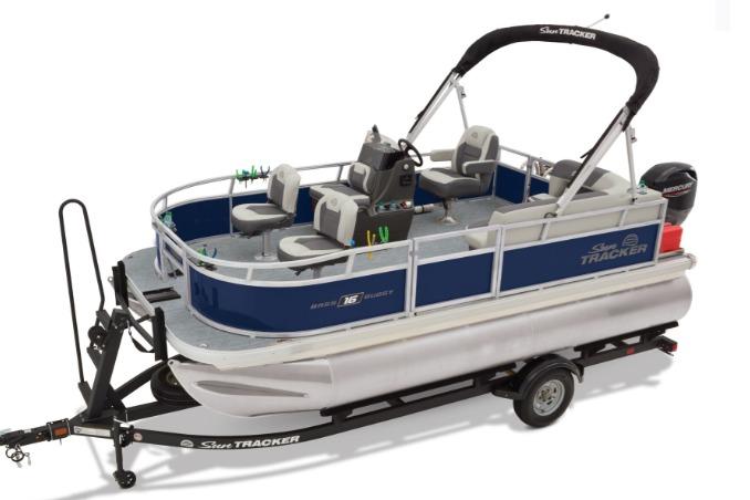 2026 Sun Tracker Bass Buggy 16 XL Select pontoon boat on trailer.