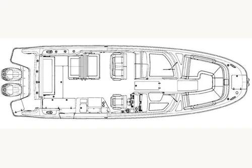 Top view schematic of a 2017 Boston Whaler 320 Vantage boat layout.